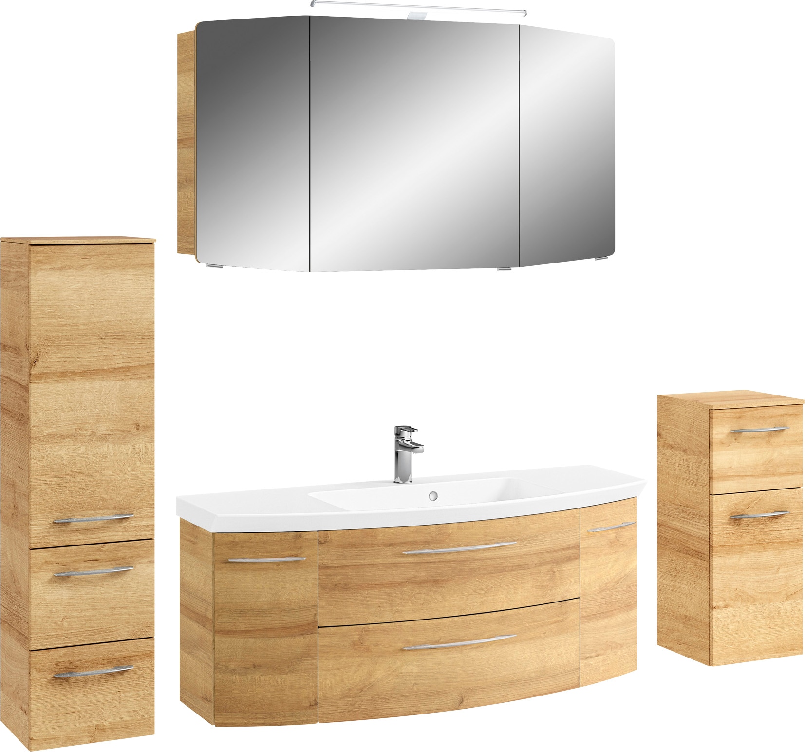 Saphir Badmöbel-Set »Cassca Sprint 4-teilig Mineralmarmor-Waschtisch mit LED-Spiegelschrank«, (5 St.), Midischrank, Unterschrank, inkl. Türdämpfer, 7 Türen, 5 Schubladen