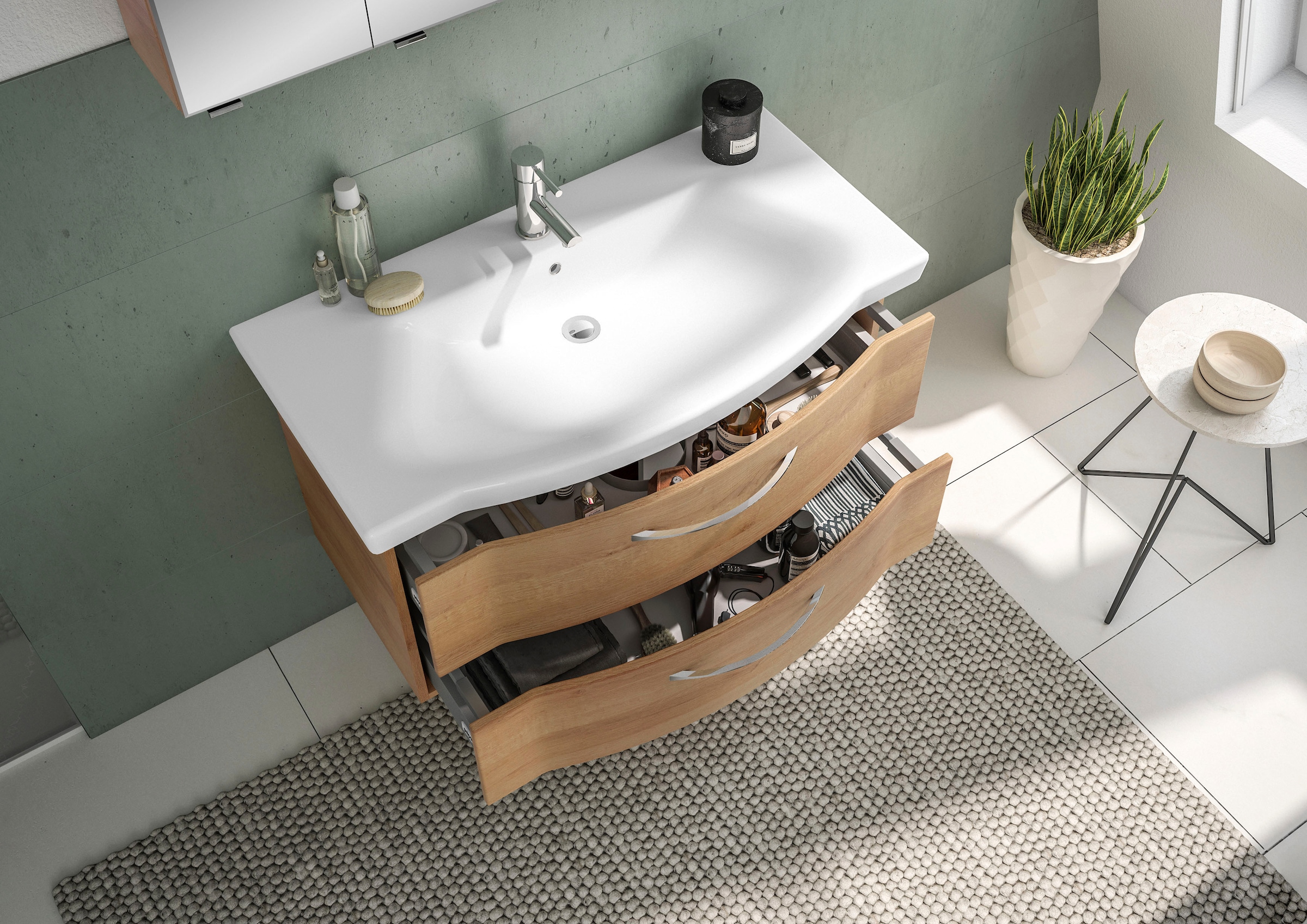 Saphir Badmöbel-Set »6005 Sprint 4-teilig, Keramik-Waschtisch mit LED-Spiegelschrank«, (5 St.), Unterschrank, Midischrank, inkl. Türdämpfer, 5 Türen, 5 Schubladen