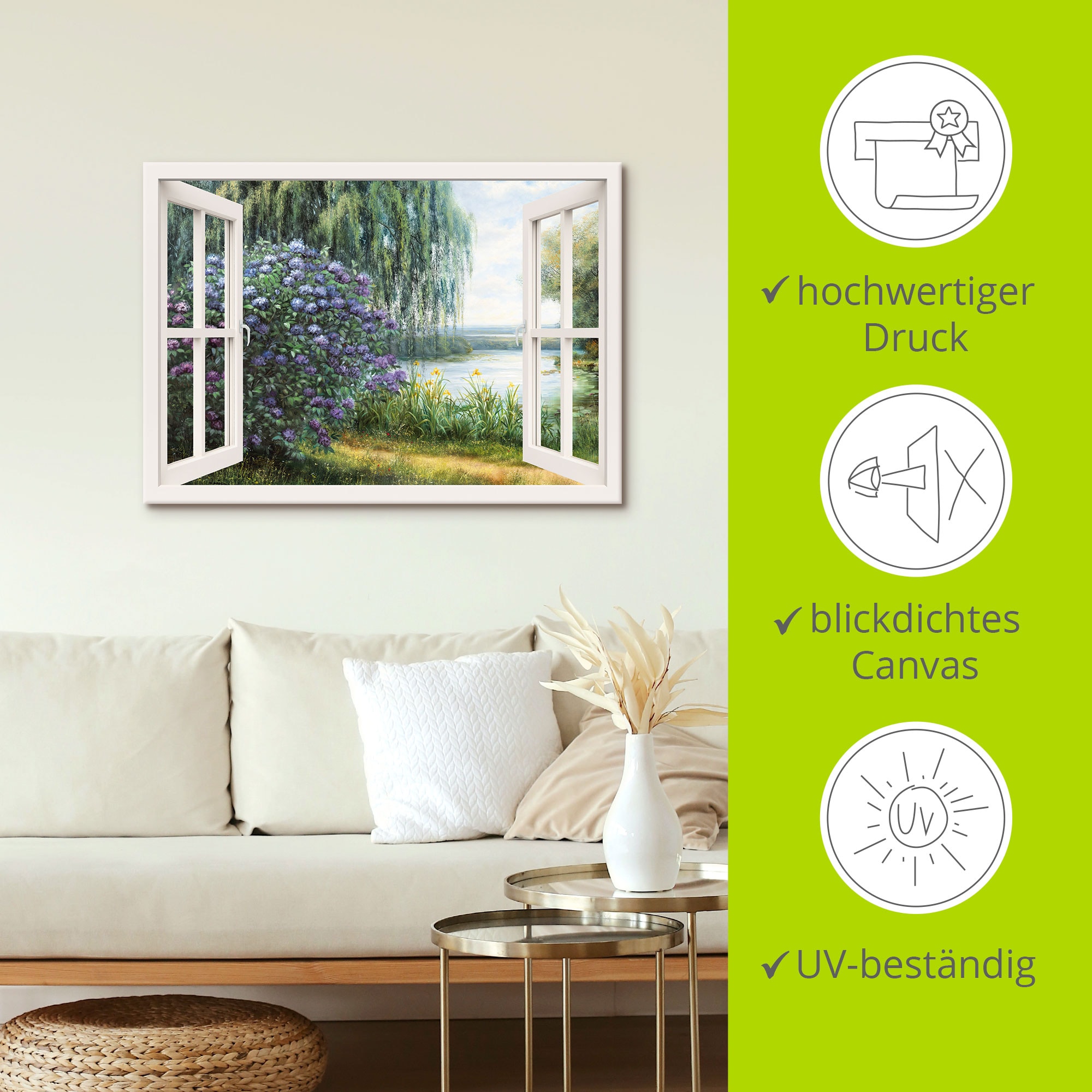 Artland Wandbild »Hortensien am See«, Fensterblick, (1 St.), als Leinwandbild, Poster, Wandaufkleber in verschied. Größen