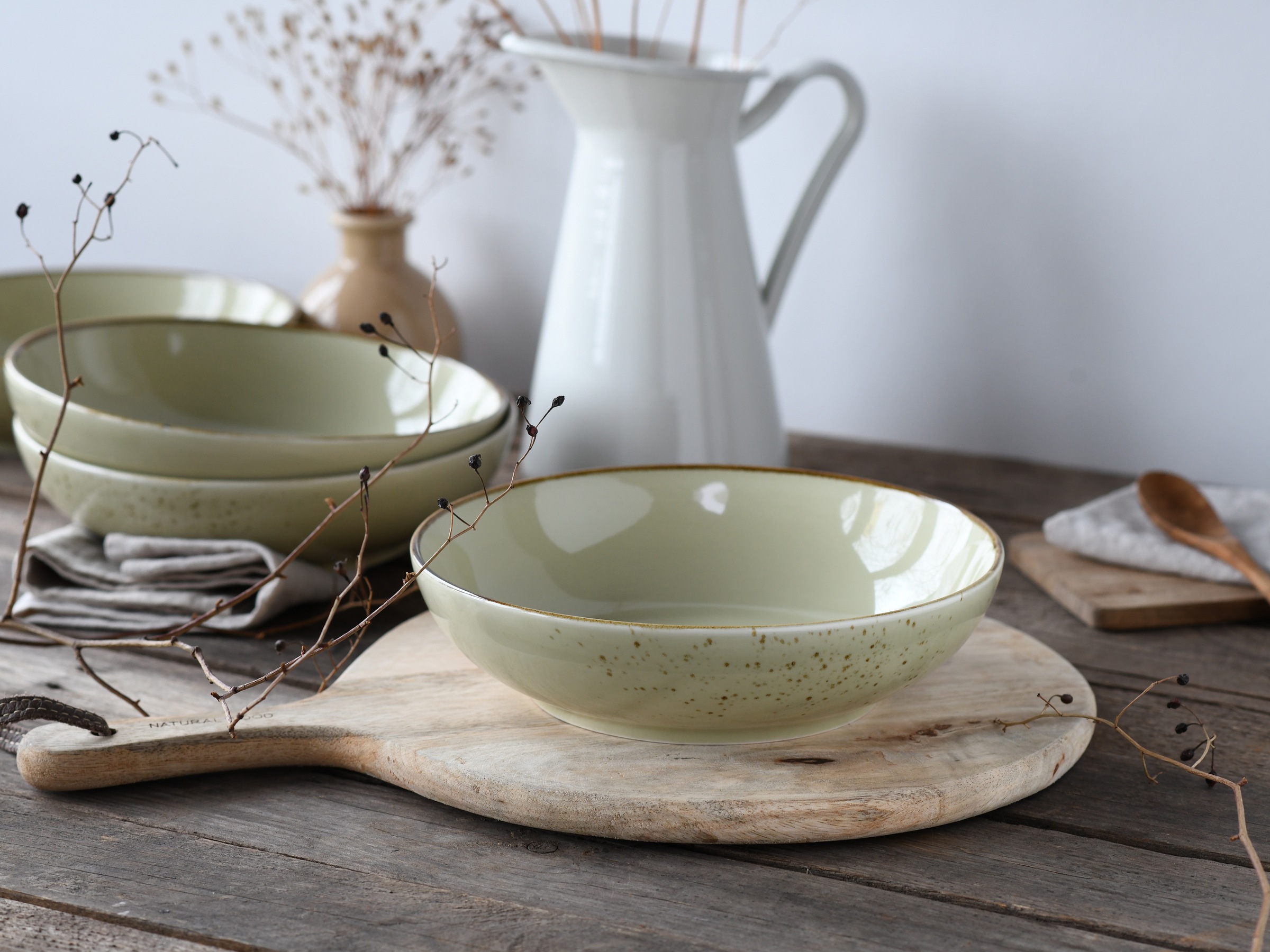 CreaTable Schale »Nature Collection, Poke Bowl, Ø 22,5 cm, 4-tlg«, 4 tlg., aus Steinzeug, Handwerklicher Look, Vintage, Höhe 5 cm