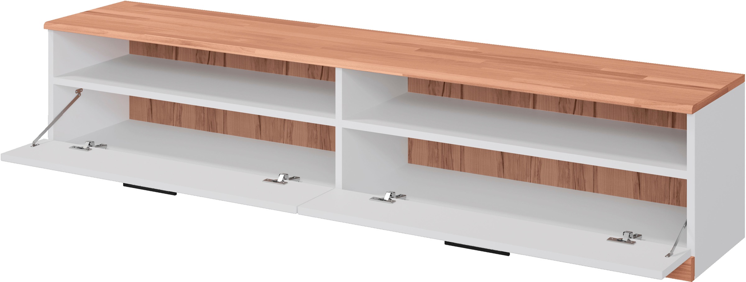Home affaire Lowboard »Ribe,140cm breit,38cm hoch mit 2 Klappen,Oberplatte aus Massivholz«, Oberplatte Kernbuche massiv,schwarze Metall Griffe