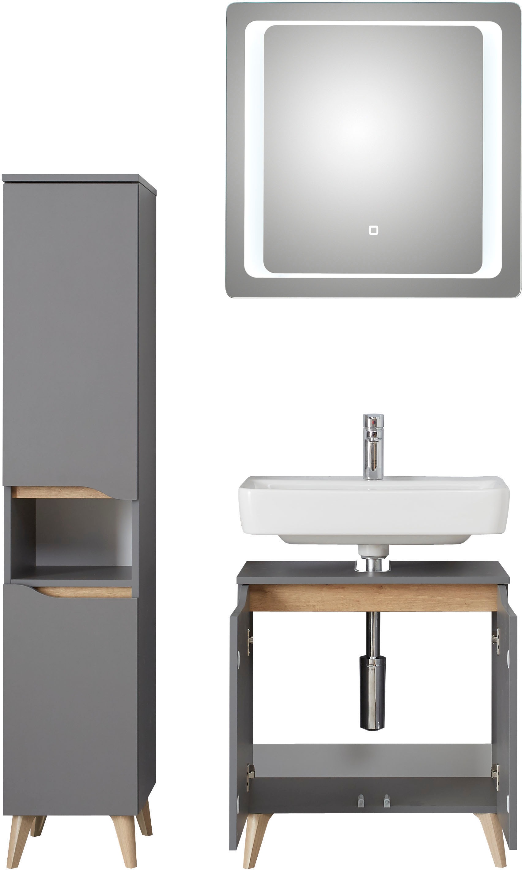 Saphir Badmöbel-Set »Quickset 3-teilig, Waschbeckenunterschrank mit LED-Spiegel«, (3 St.), mit Midischrank, inkl. Türdämpfer, 4 Türen, 1 Nische, Bad-Set