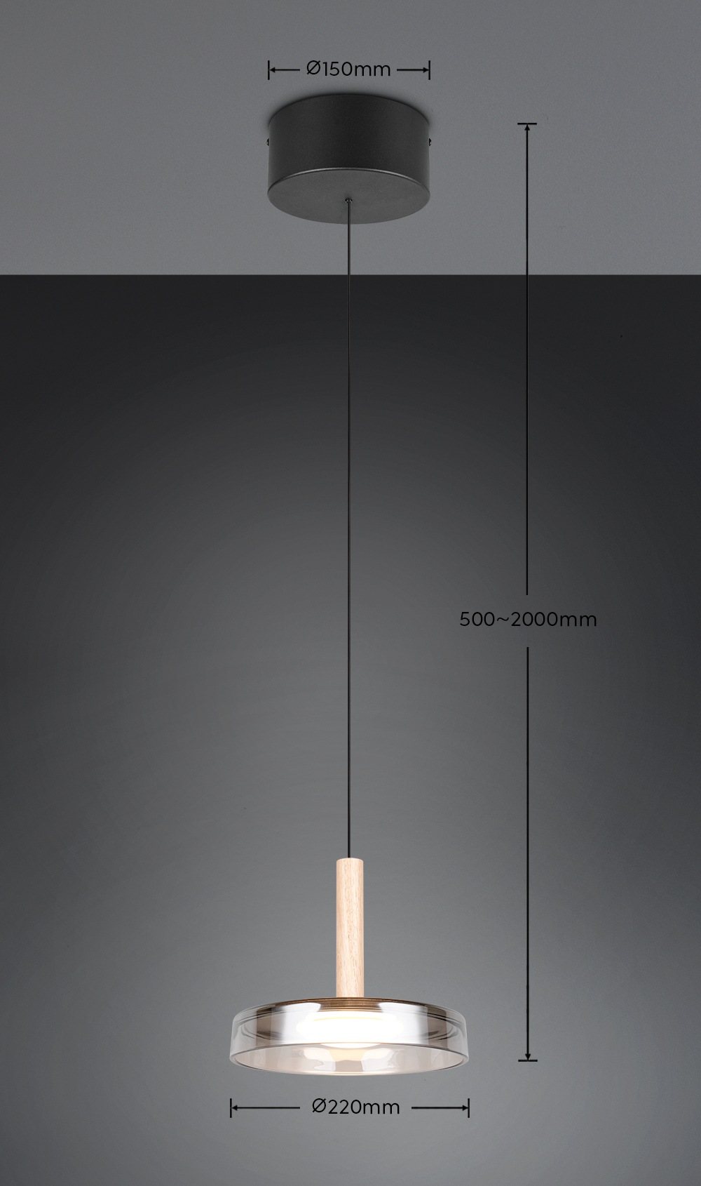 TRIO Leuchten LED Pendelleuchte »CELESTE dimmbare LED Hängelampe aus Metall Glas & Holz, 10W 1100 Lumen«, 1 flammig, Leuchtmittel LED-Board | LED fest integriert, einfach höhenverstellbar von 50-200 cm, Ø 22cm, 3-Stufen Dimmfunktion