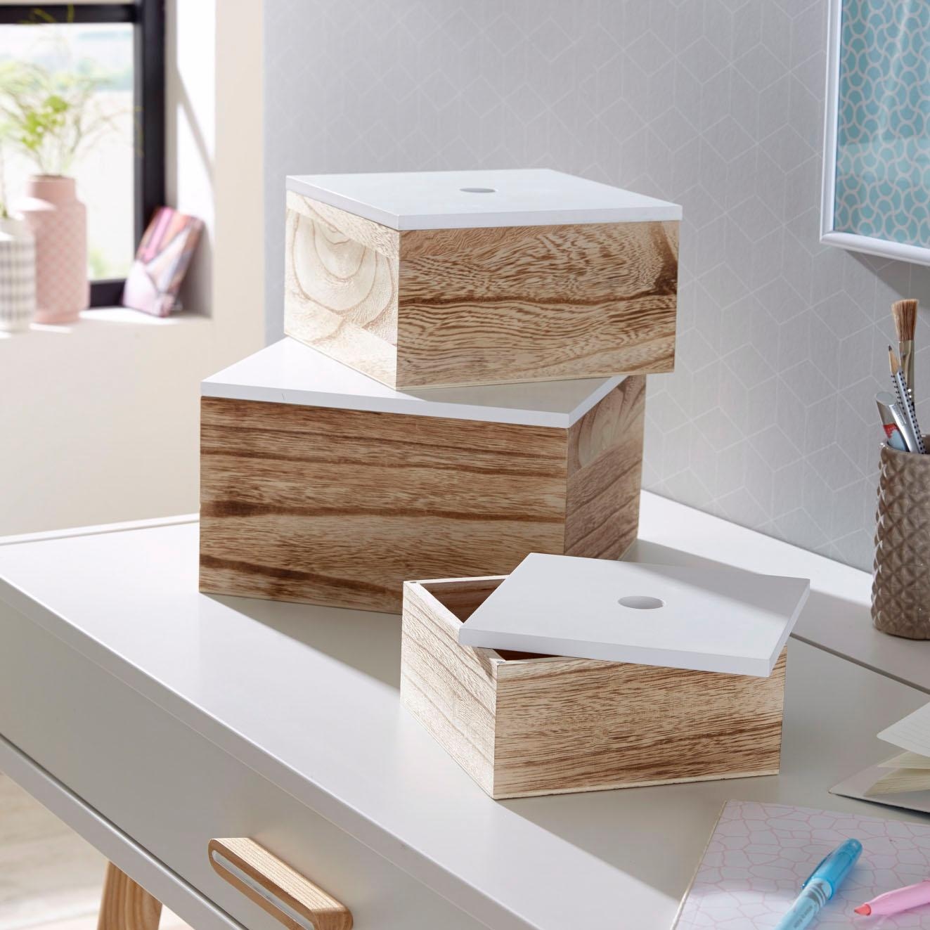 Present bestellen online Zeller Holz, 3er Set, weiß/natur Aufbewahrungsbox,
