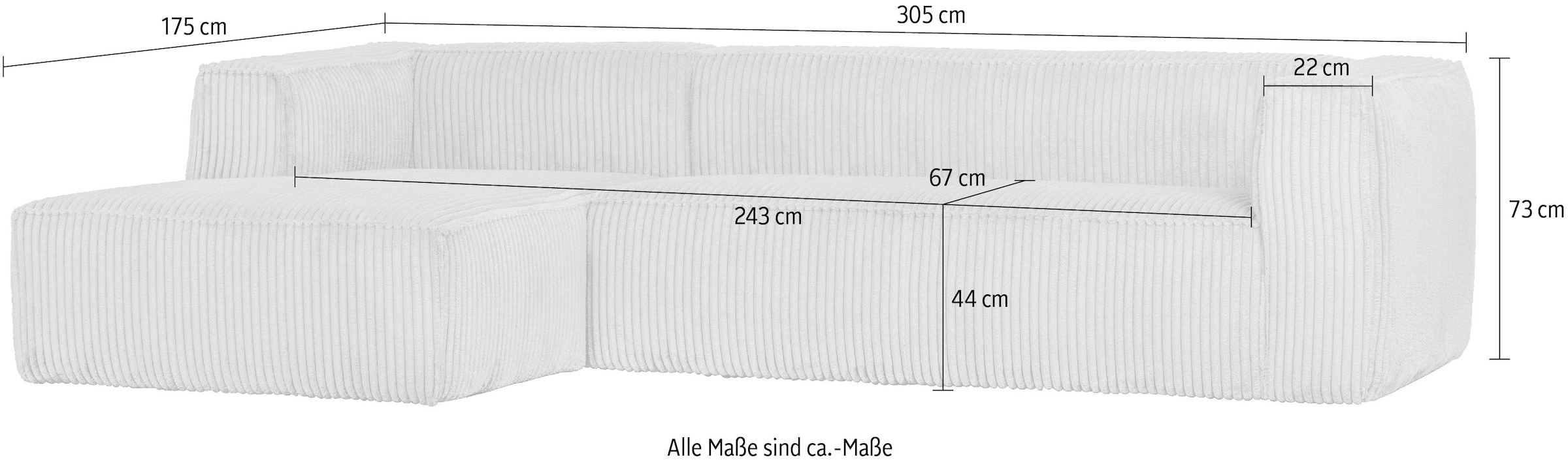 WOOOD Ecksofa »Bean Bezug Links mit hoher Sitzkomfort, H 73 x B 305 x T 96/175 cm« Ripsstoff, Tragkraft 400 kg, Gute Verschleißfestigkeit, pflegeleicht