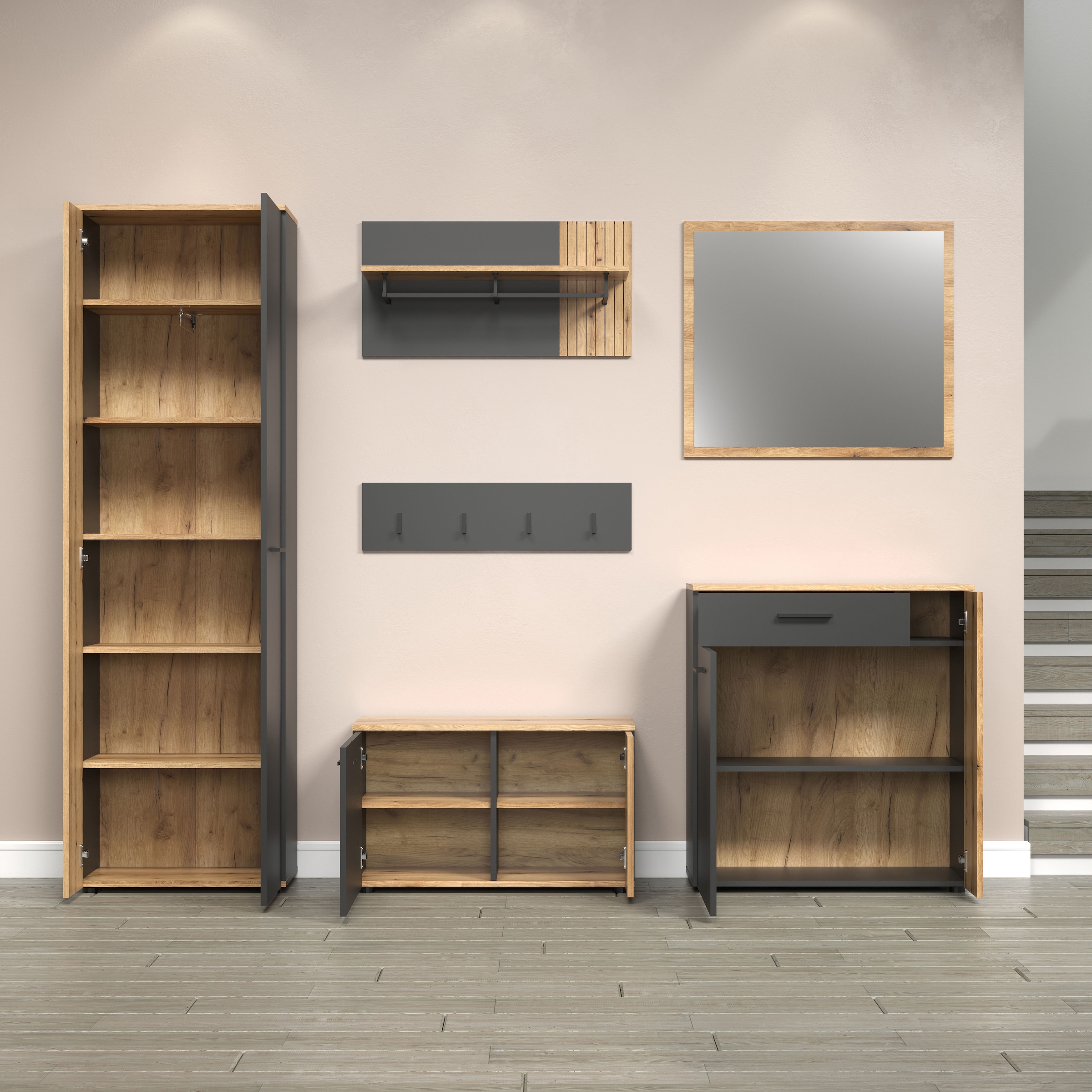 INOSIGN Garderoben-Set »Estepona«, (Komplett-Set, 6 St.), Garderobenmöbel mit Rillenoptik - Maße (B/T/H) 250/36/195 cm