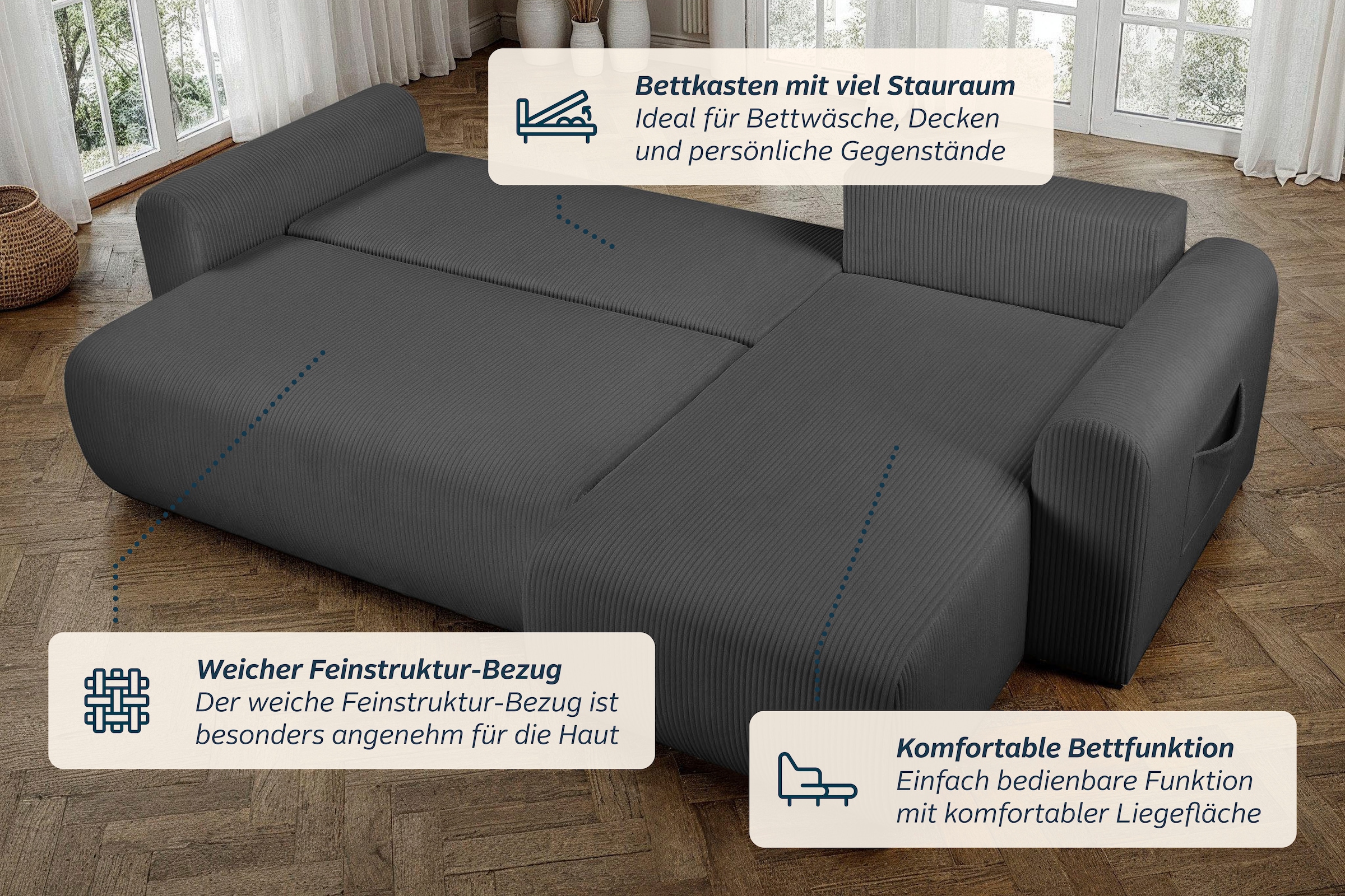 OTTO home Ecksofa »JONAA  L-Form, 241cm. inkl. Schlaffunktion, weicher Cordstoff« Tonnentaschen-Federkern, Bettkasten, Schlafsofa (133/200)