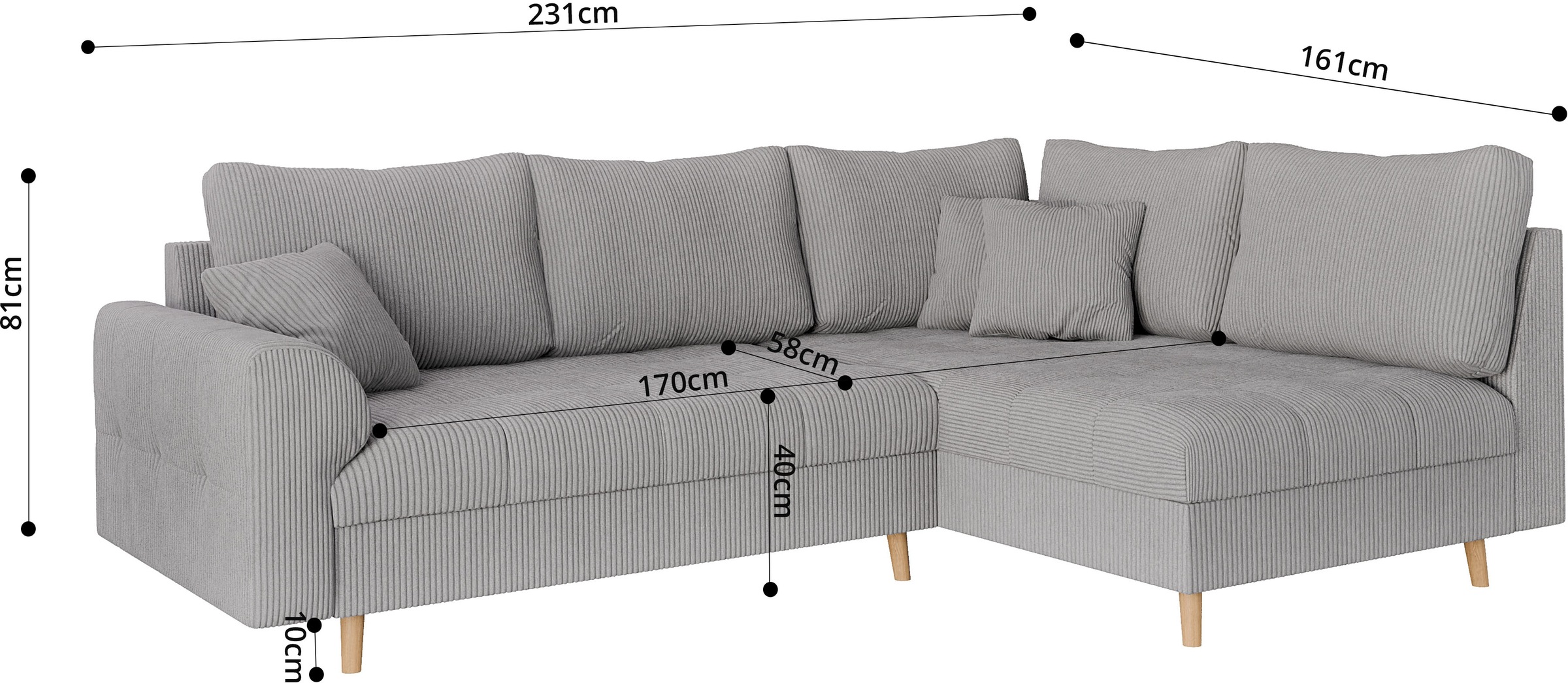 Home affaire Ecksofa »CHARRE L-Form mit Ottomane, Maße B/T/H: 231/161/81 cm« feine Steppung, lose Rücken- und Zierkissen, auch in Cord und Bouclé