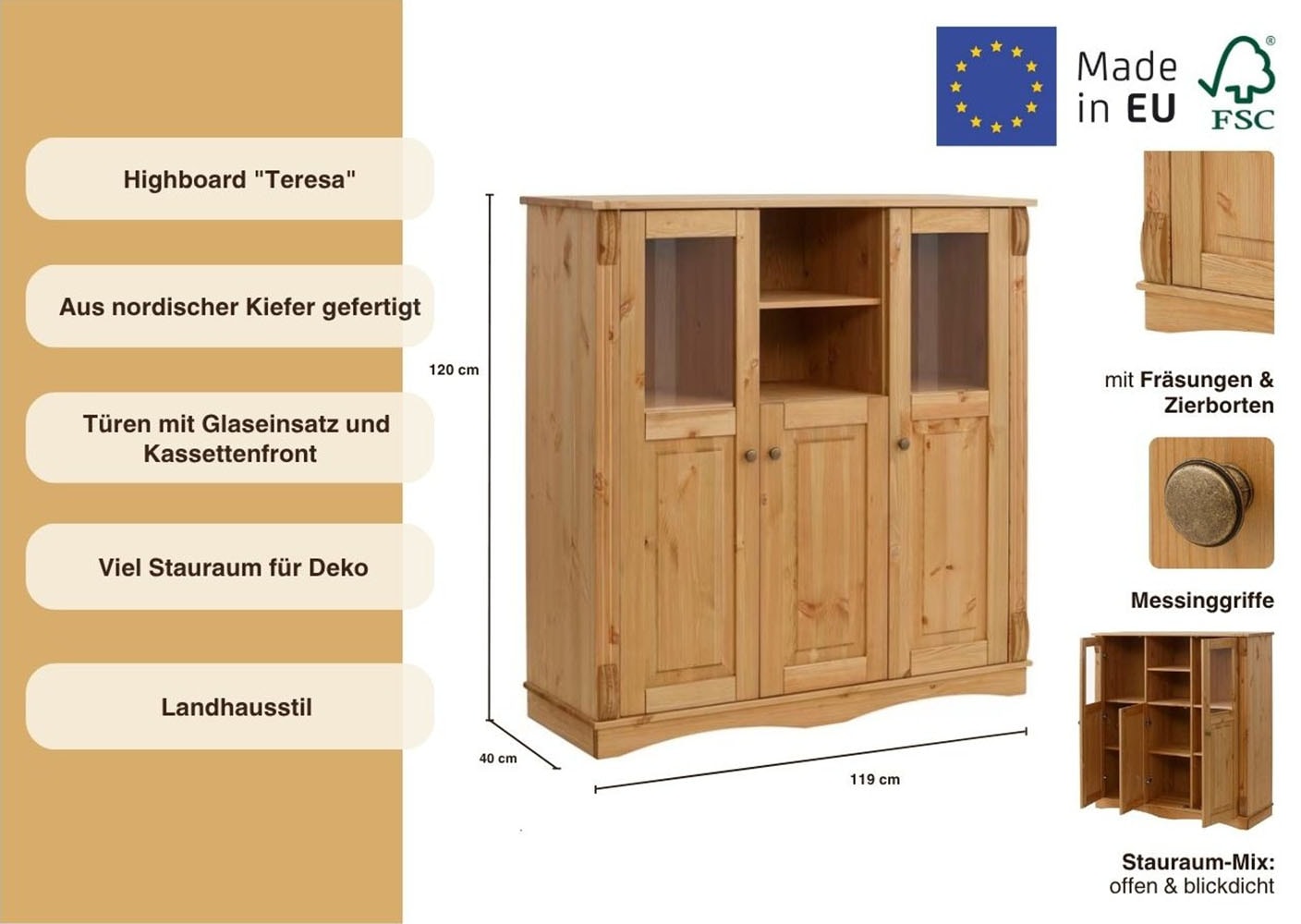 Home affaire Highboard »Teresa«, (Maße (B/T/H): 119/40/120 cm), Vitrine, Türen mit Glaseinsätzen, aus massiver Kiefer, FSC®