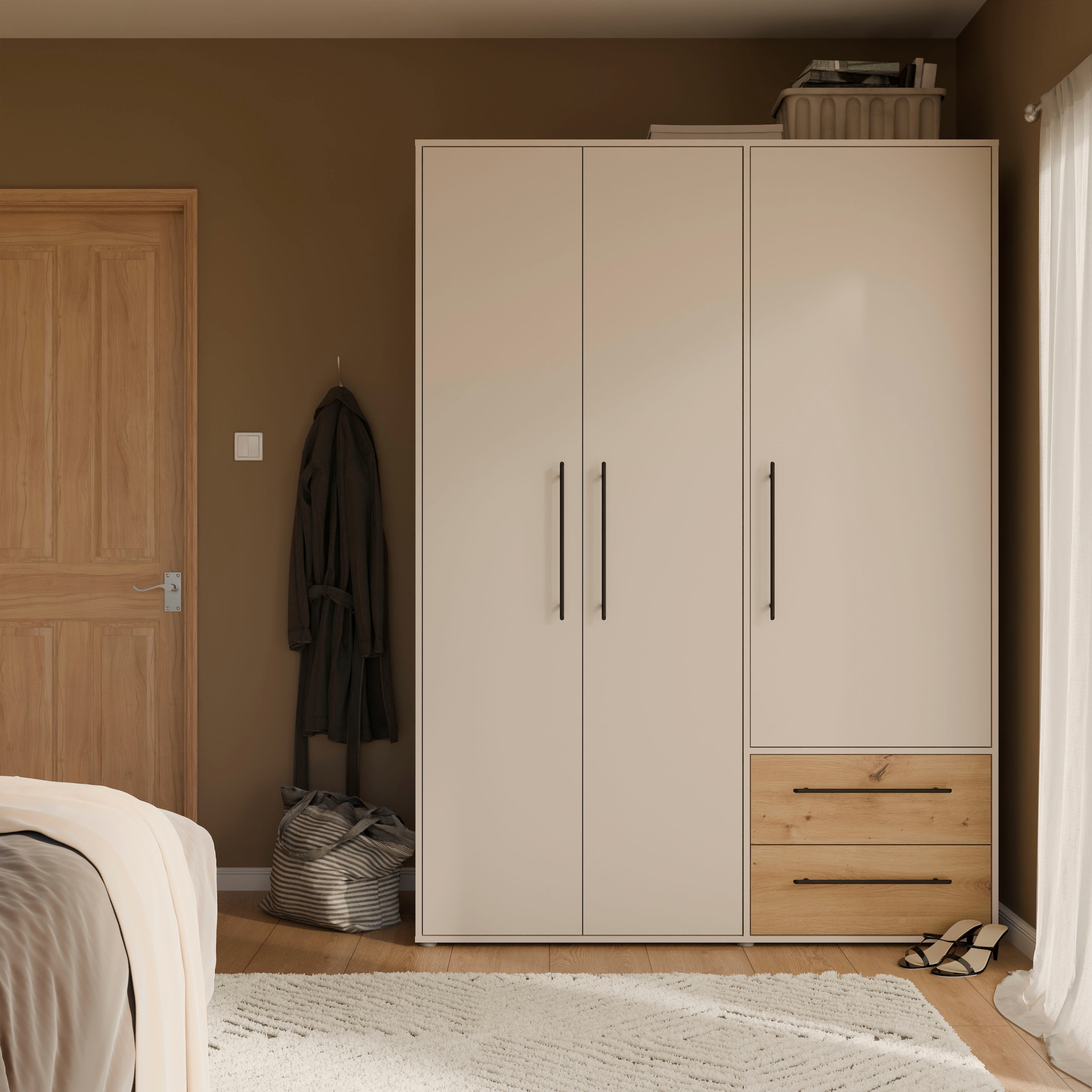 FORTE Kleiderschrank »Mokkaris ,Topseller, zeitloses Design, 3–4 Türen, Made in Europe« B/H/T ca. 145x200x59cm oder 206x200x59cm,  Schubladen + schwarze Stangengriffe, Made in Europe, viel Stauraum