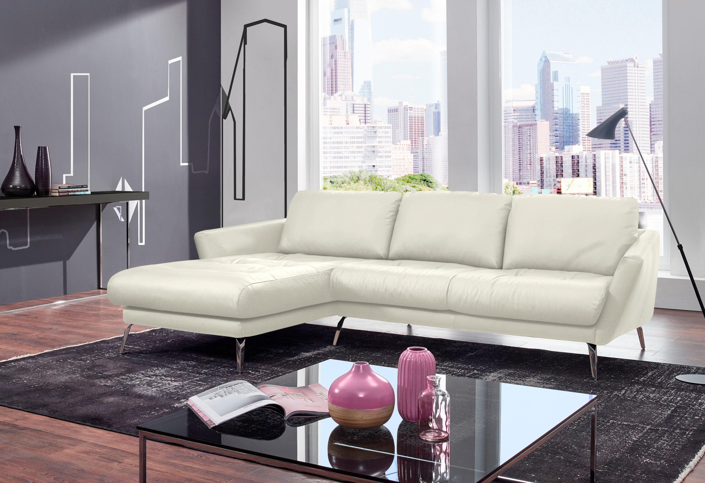W.SCHILLIG Ecksofa »softy, Designsofa, zeitlos und elegant, hoher Sitzkomfort, L-Form«, mit dekorativer Heftung im Sitz, Füße Chrom glänzend