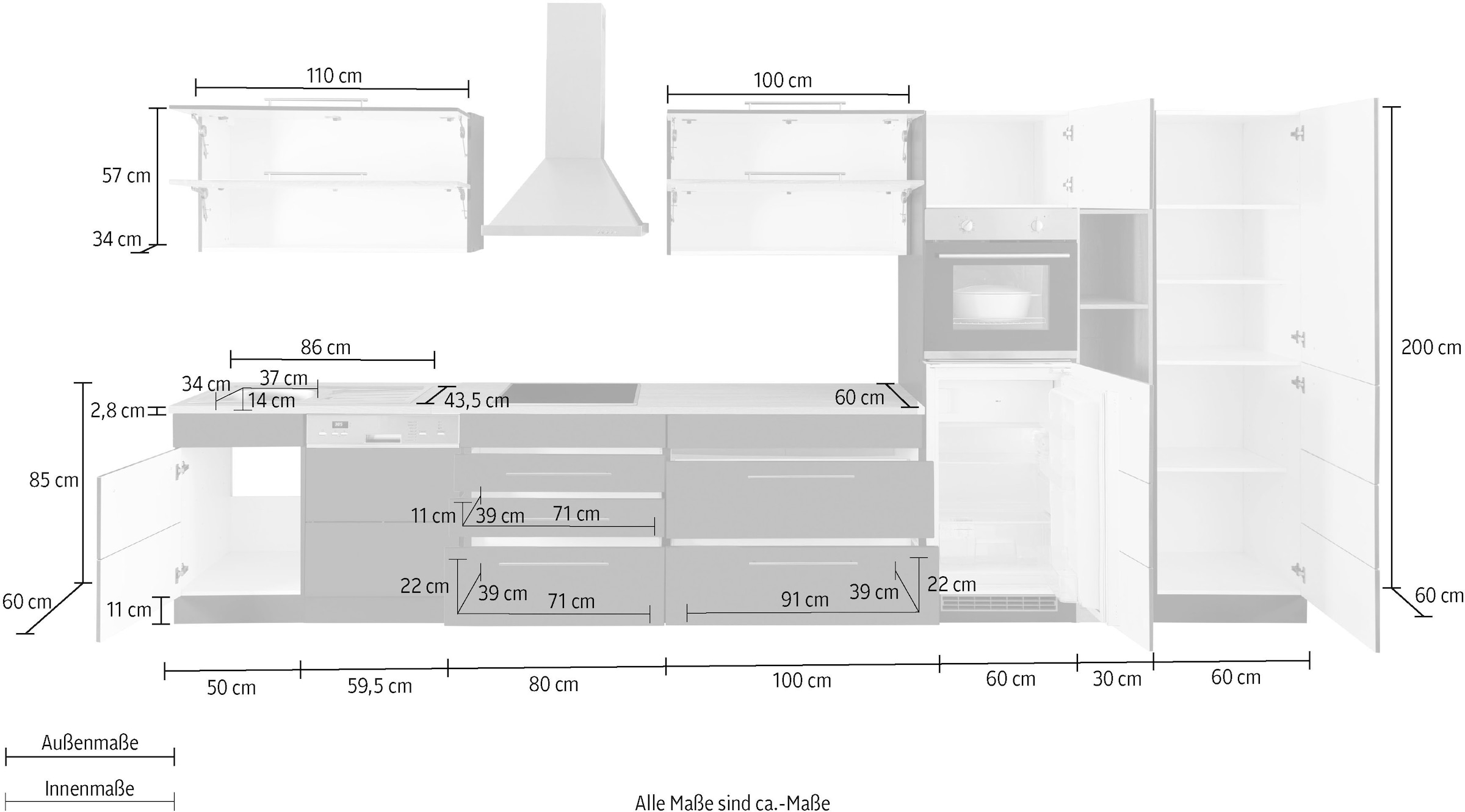 KOCHSTATION Küchenzeile »KS-Wien«, Breite 440 cm, wahlweise mit E-Geräten und Induktion