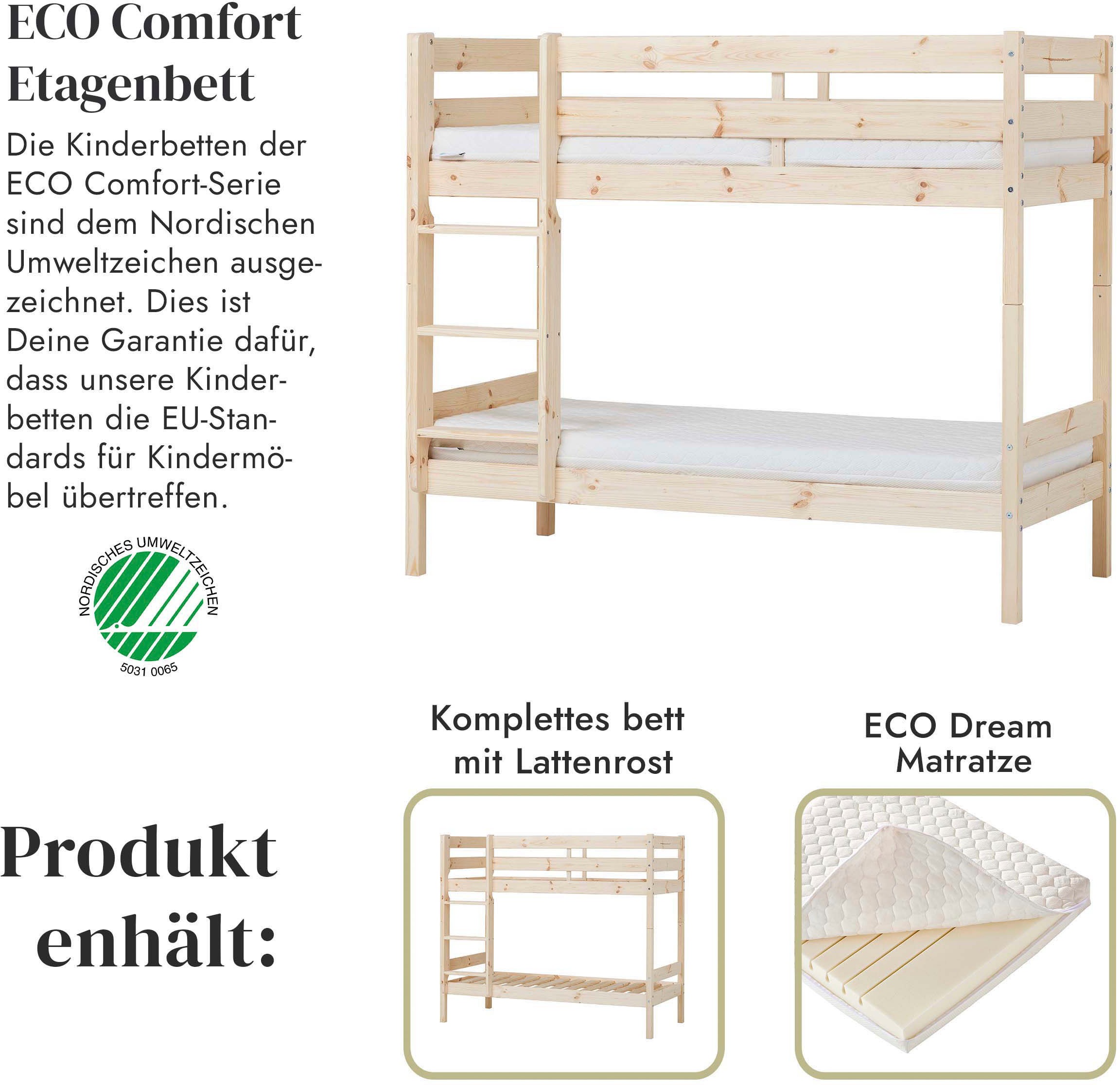 Hoppekids Etagenbett »ECO Comfort Kinderbett 90x200 oder 70x160 aus Massivholz in 4 Farben«, TÜV, FSC und Nordisches Umweltzeichen – wahlweise mit Matratzen