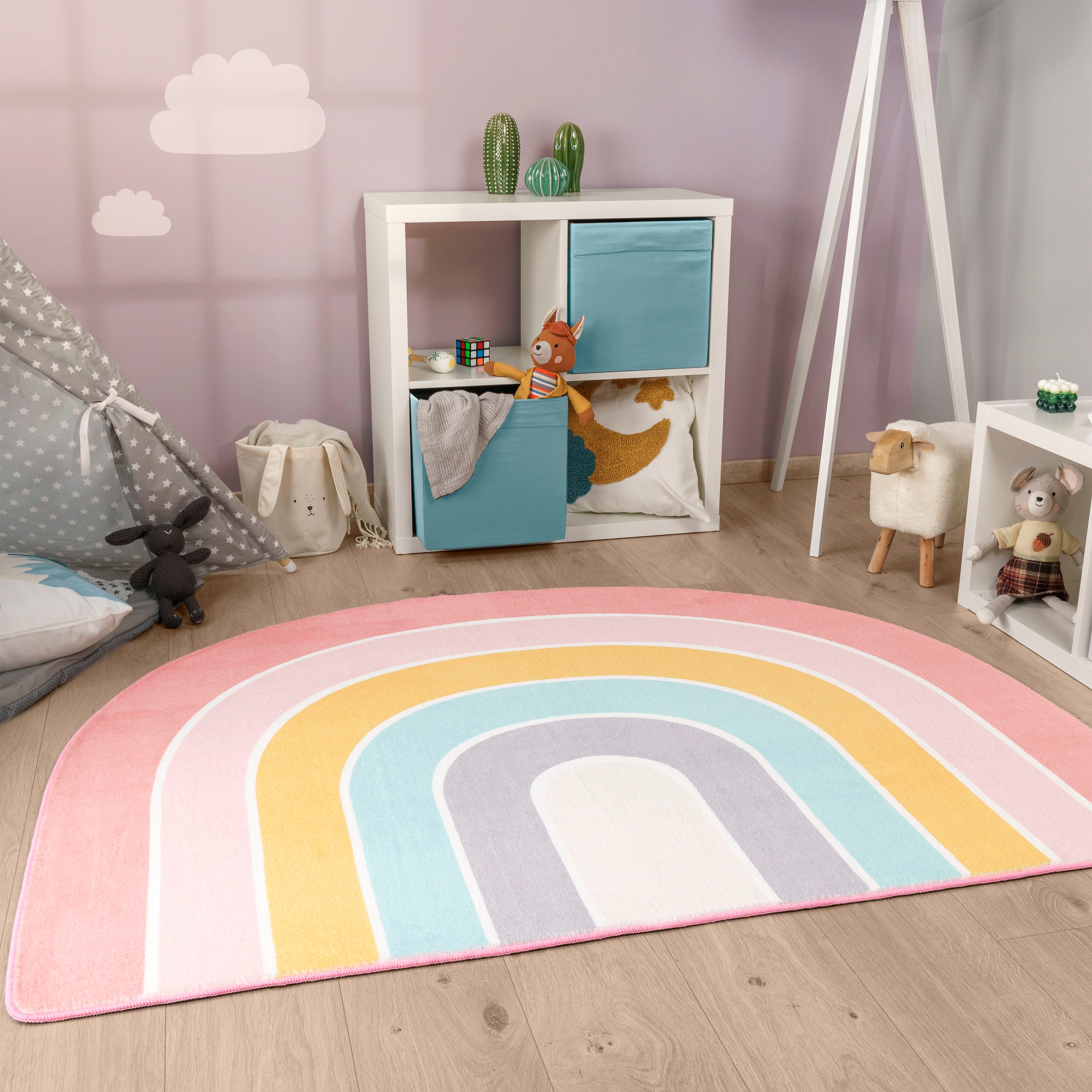 Paco Home Kinderteppich »Niloya 366«, halbrund, 12 mm Höhe, Spielteppich, Kurzflor, Motiv Regenbogen, waschbar