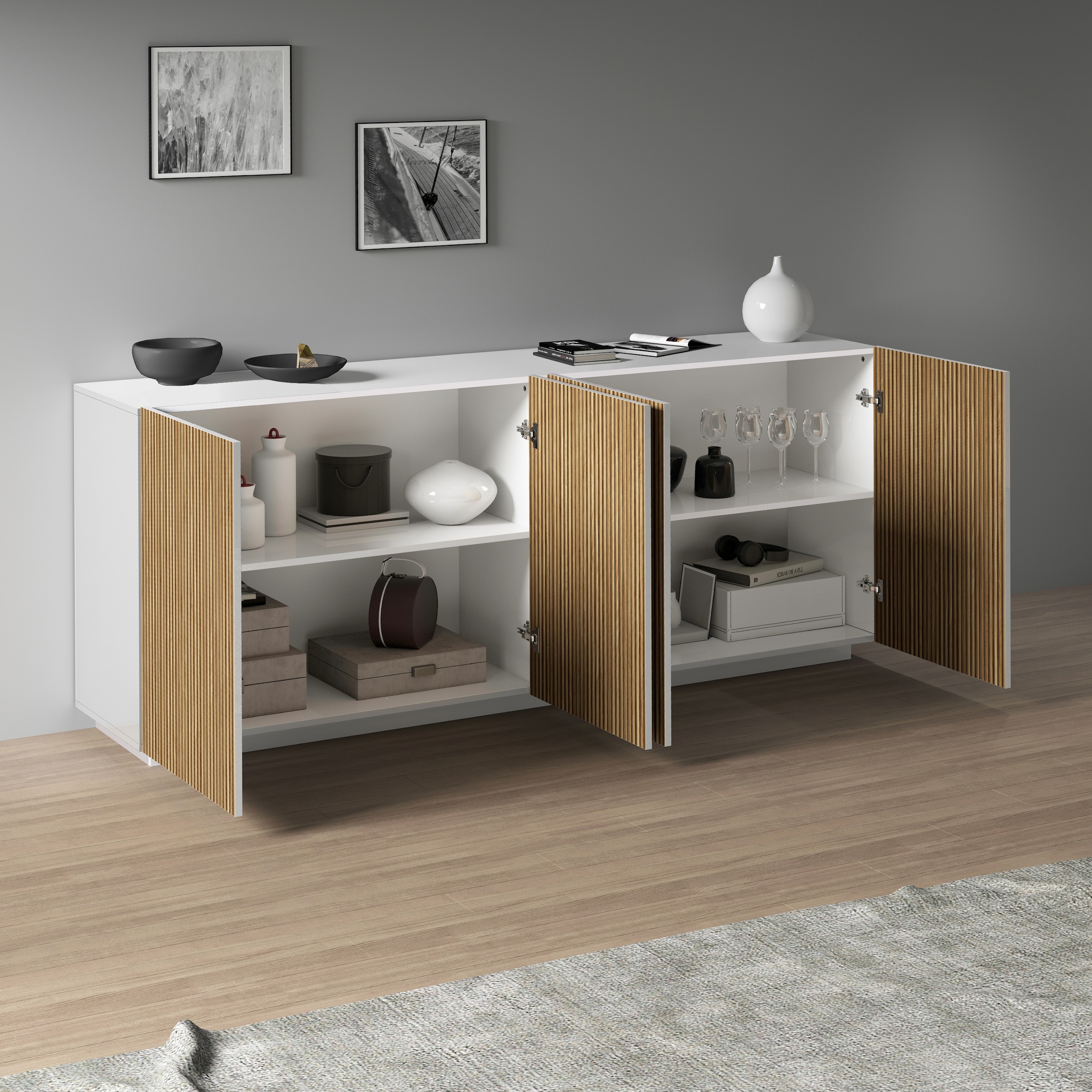 INOSIGN Sideboard »Vega Sideboard,Kommode,200 cm«, mit 4 Türen,Fronten mit Rillen-Optik
