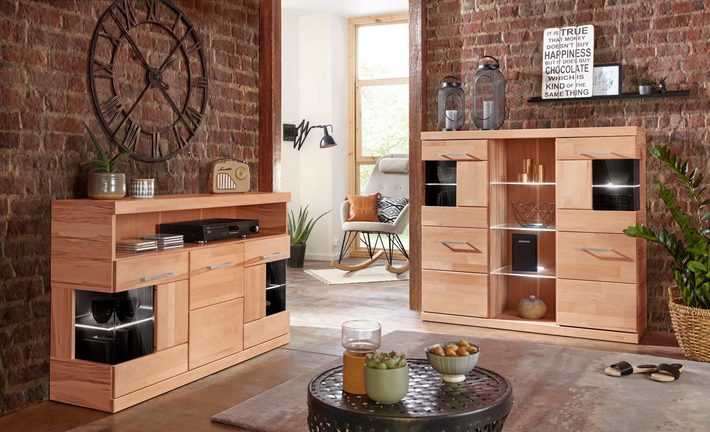 Home affaire Highboard »Ribe,120cm breit,112cm hoch, Fronten Massivholz,12 Fächer«, Holz massiv, Holzwerkstoff, Metall Griffe,2Türen mit Glaseinsatz