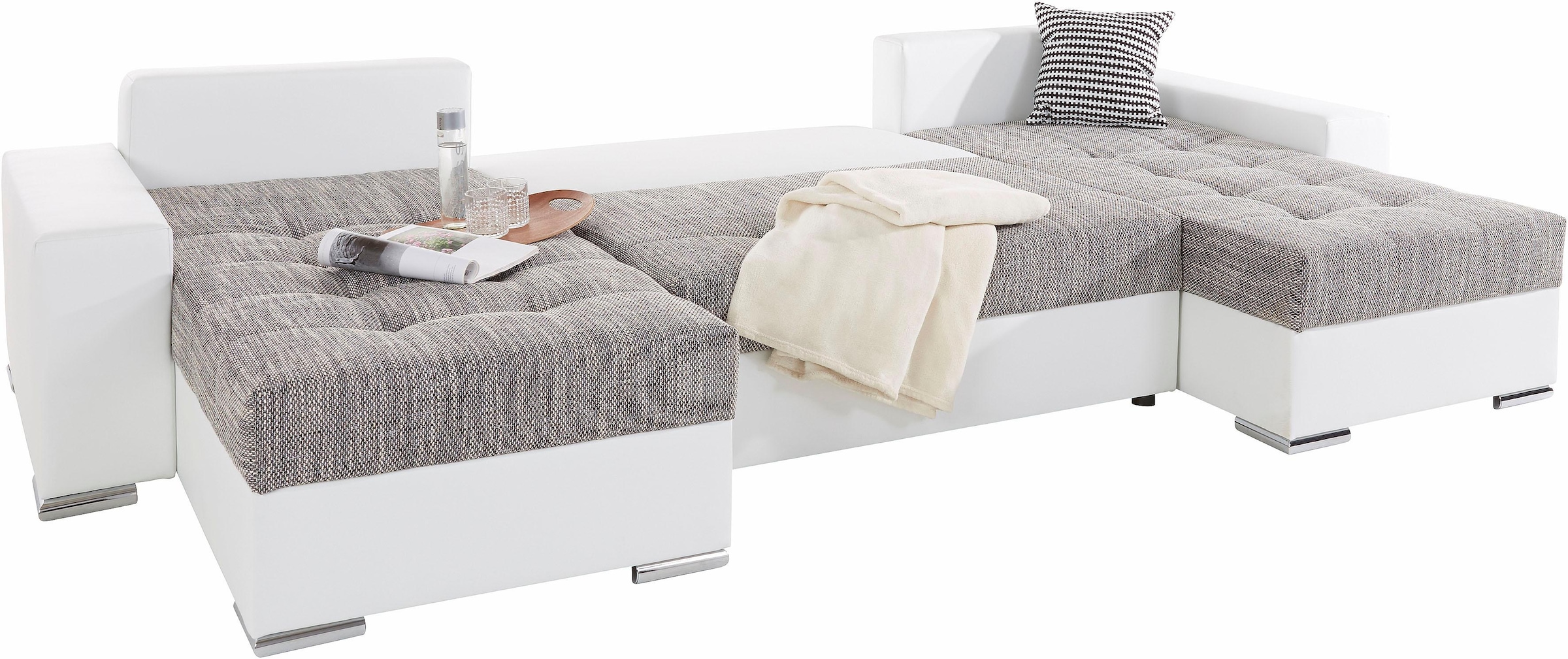 COLLECTION AB Wohnlandschaft »XL-Josy U-Form, Breite 313 cm, Kunstleder-Mix, Microfaser«, inkl. Bettfunktion, Bettkasten, mit 4 gleich großen Rückenkissen