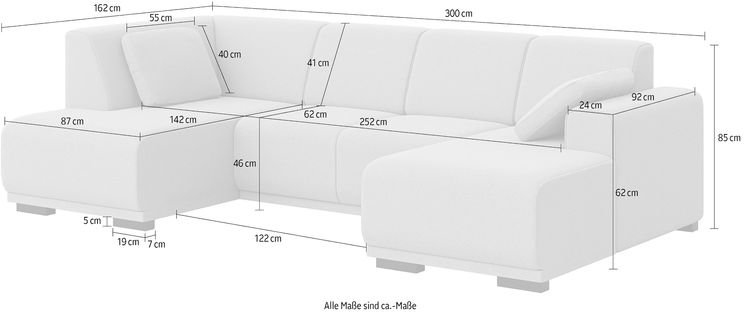 Home affaire Wohnlandschaft »BORNHOLM U-Form mit Recamiere rechts/links, B/T/H: 300/162/85 cm«, U-Form mit Wellenunterfederung, Recamiere rechts oder links bestellbar