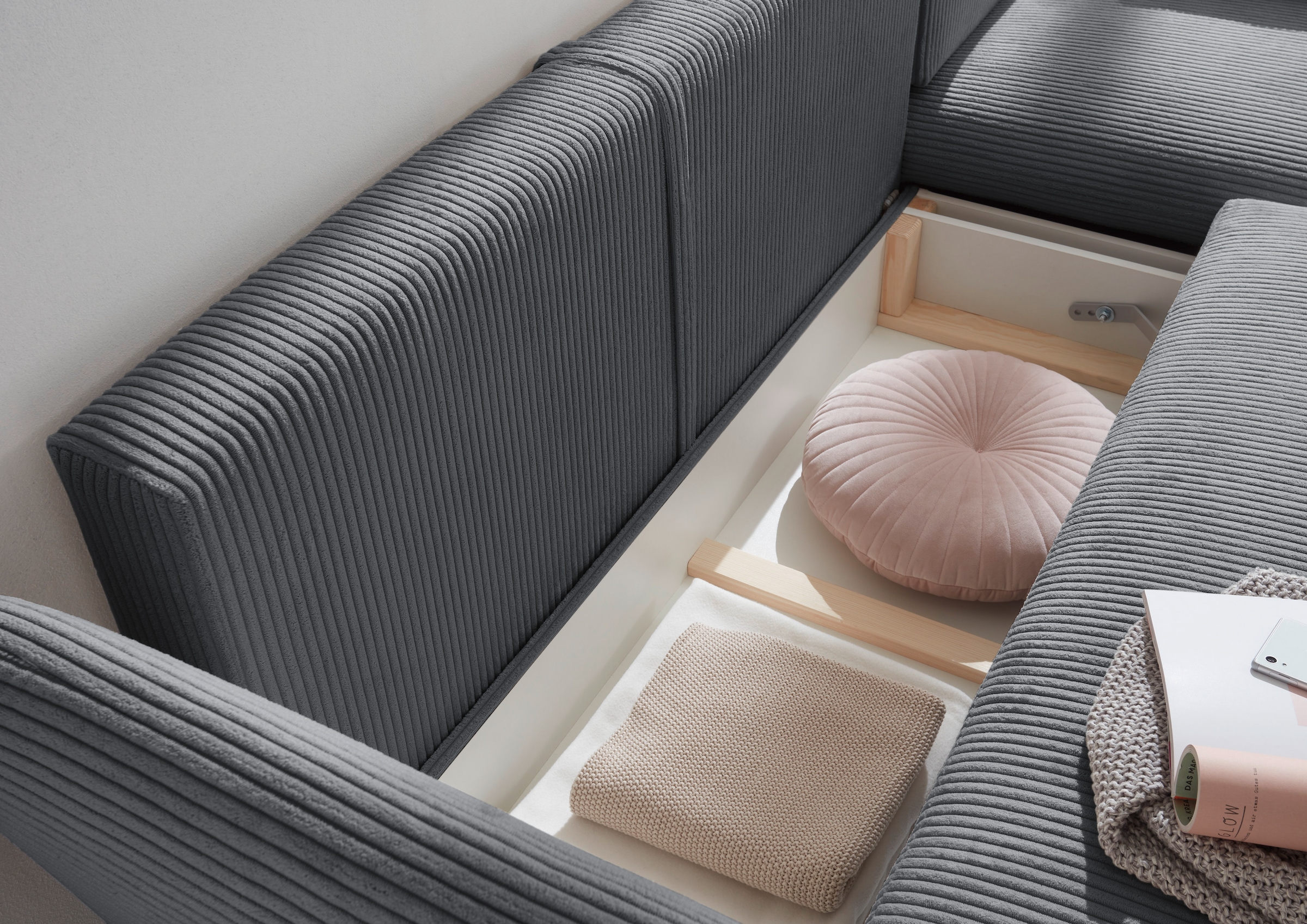 andas Ecksofa »MERLE, 258 cm, L-Form, traumhafter Cord,«, mit Bettfunktion und Bettkasten, Liegefläche 224 x 139