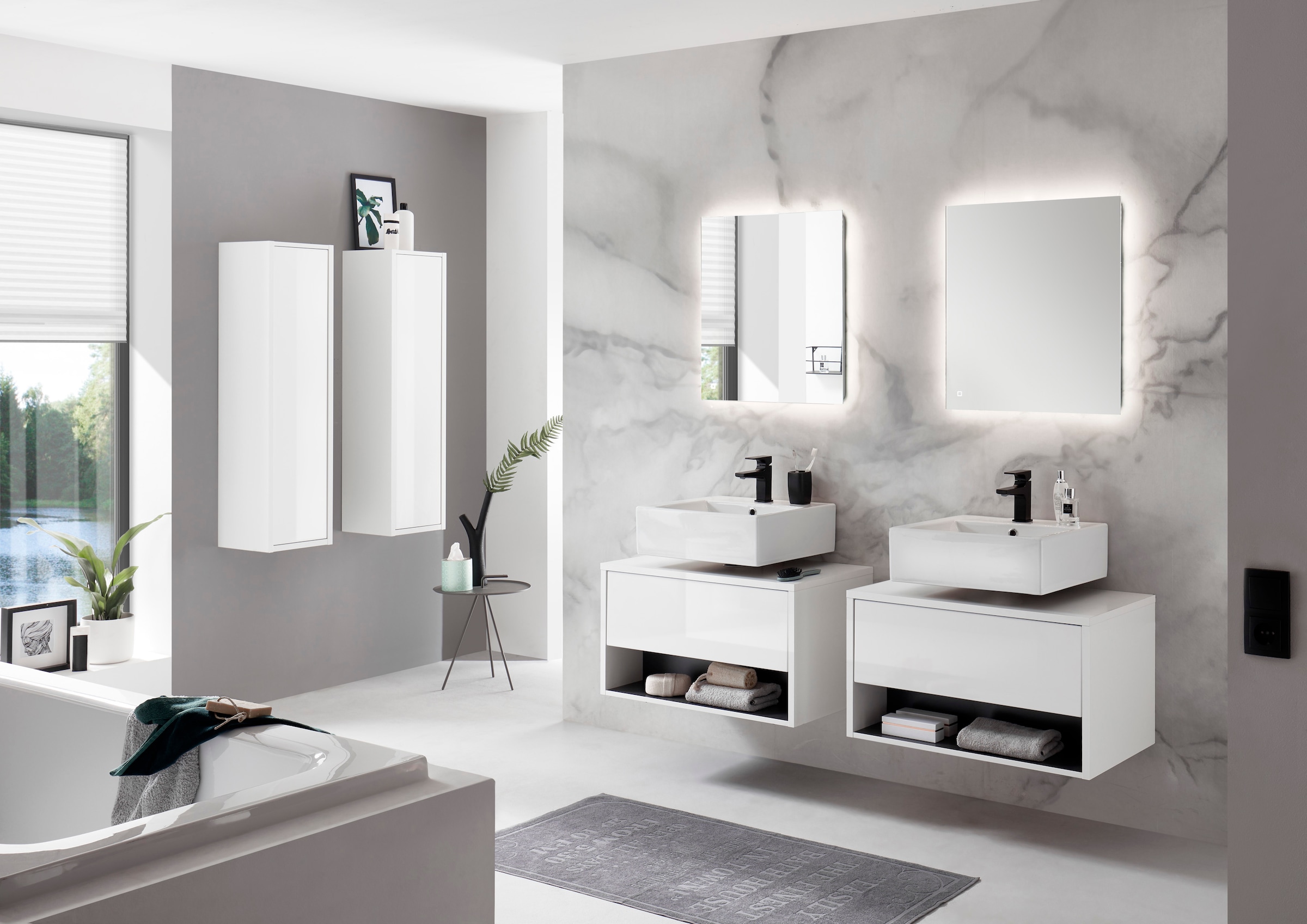 Places of Style Badmöbel-Set »Studio Line, Bad im modernen Design, 6-teiliges Badezimmer«, (6 St.), Schrank, Unterschrank und Spiegel, in zwei Farben verfügbar, Stauraum