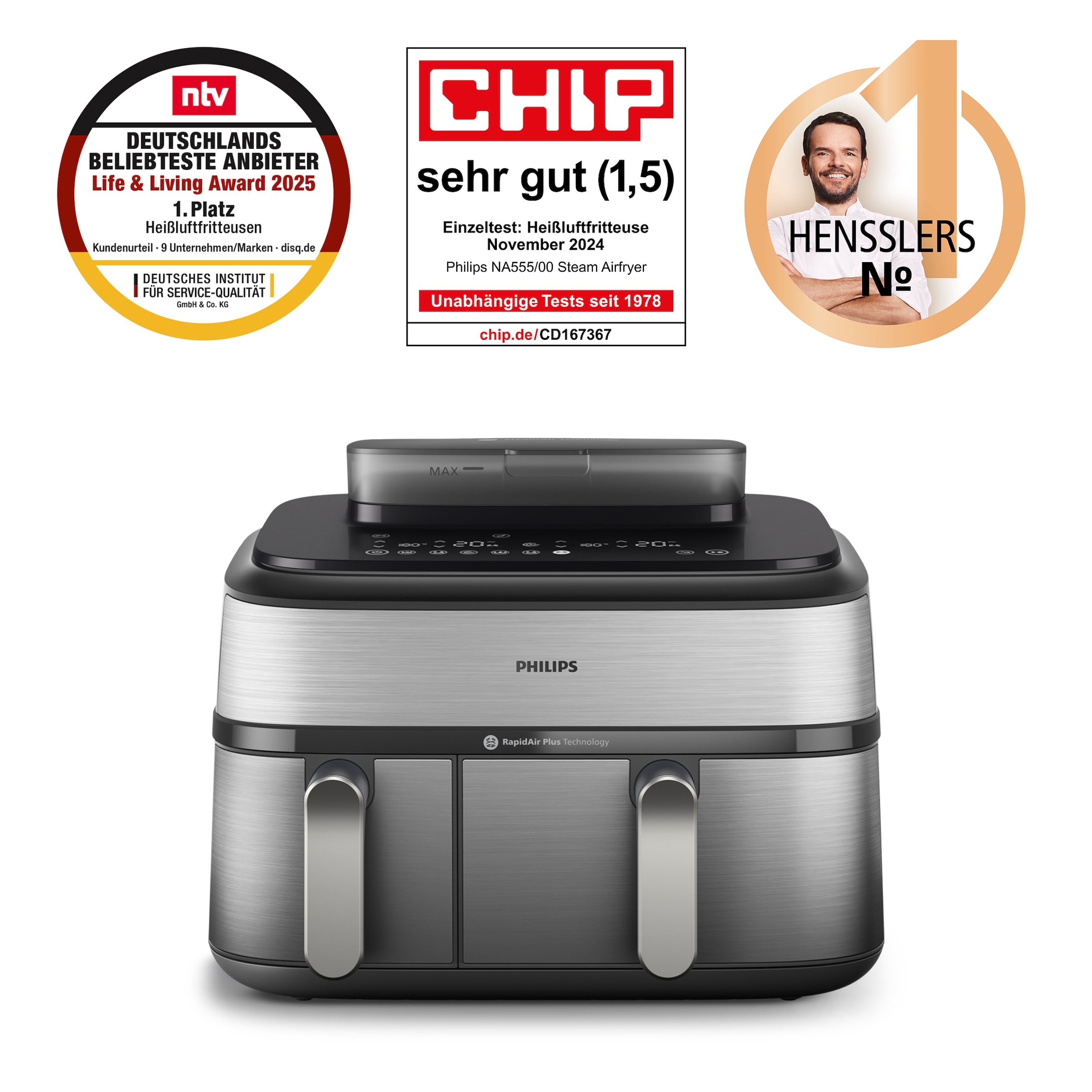 Philips Heißluftfritteuse »Steam Airfryer 5000 Dual Basket NA555/00, Airfryen & Dampfgaren, 3L+6L«, 2750 W, RapidAir Plus Technologie und 19 Kochfunktionen; Silber/Edelstahl