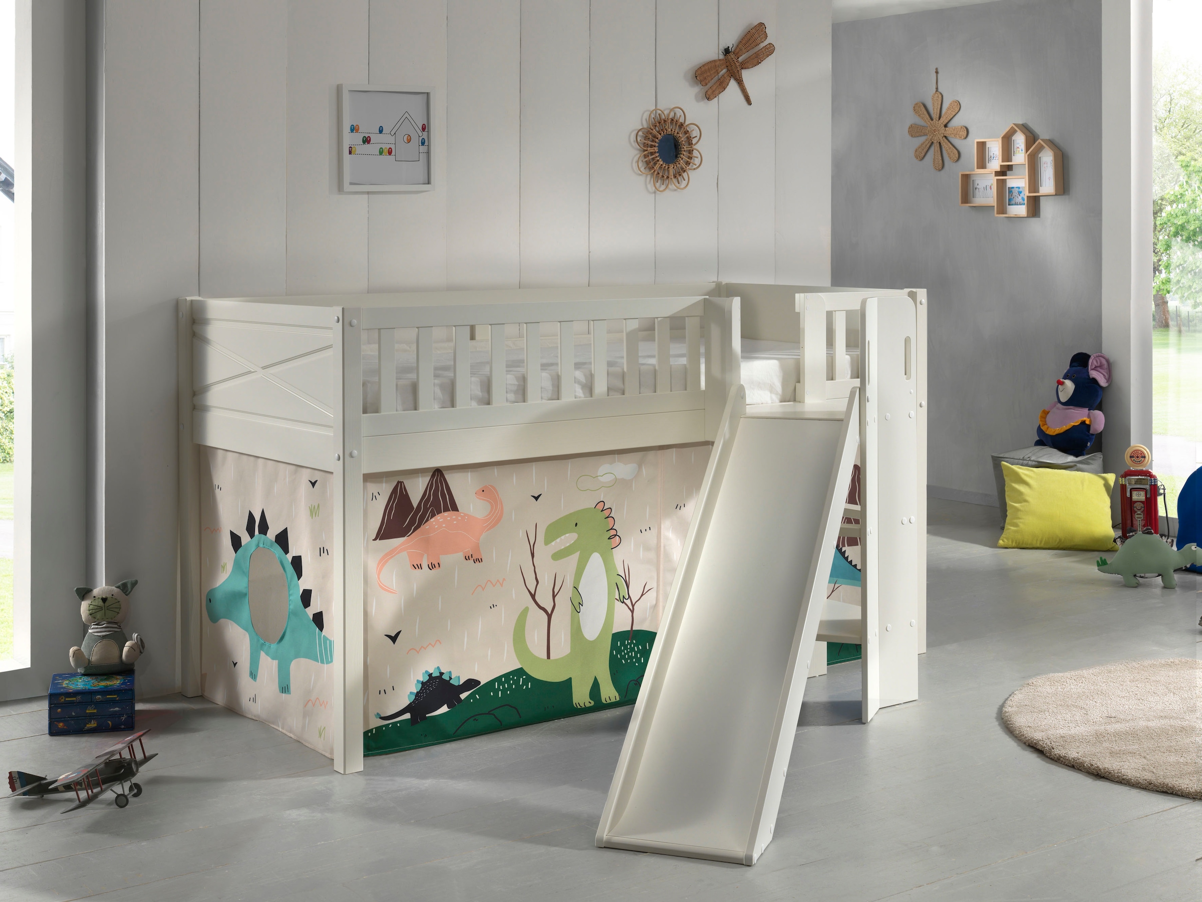 Vipack Hochbett »Scott«, (Made in Europe), m. Rutsch-/Leiterturm, LF 90x200 cm, Vorhang, Tunnel, 7 Designs