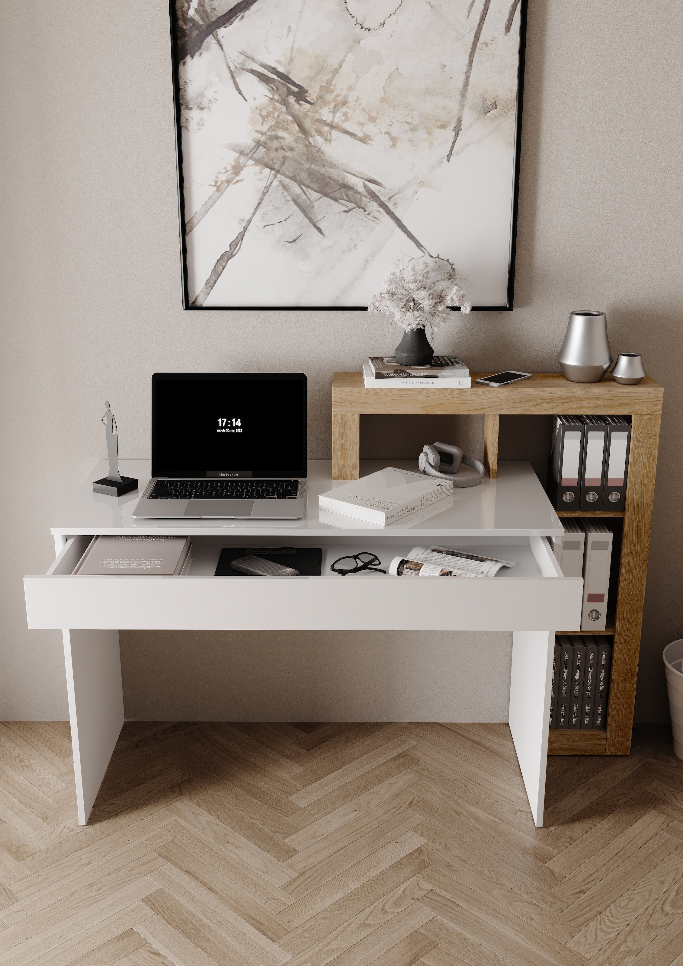 INOSIGN Schreibtisch »Hamburg, Breite 138 cm, Tiefe 50 cm, mit Schubkasten u. Aufsatz/Regal«, Computertisch, Arbeitstisch, Schminktisch, Arbeitsplatz, 4 Fächer
