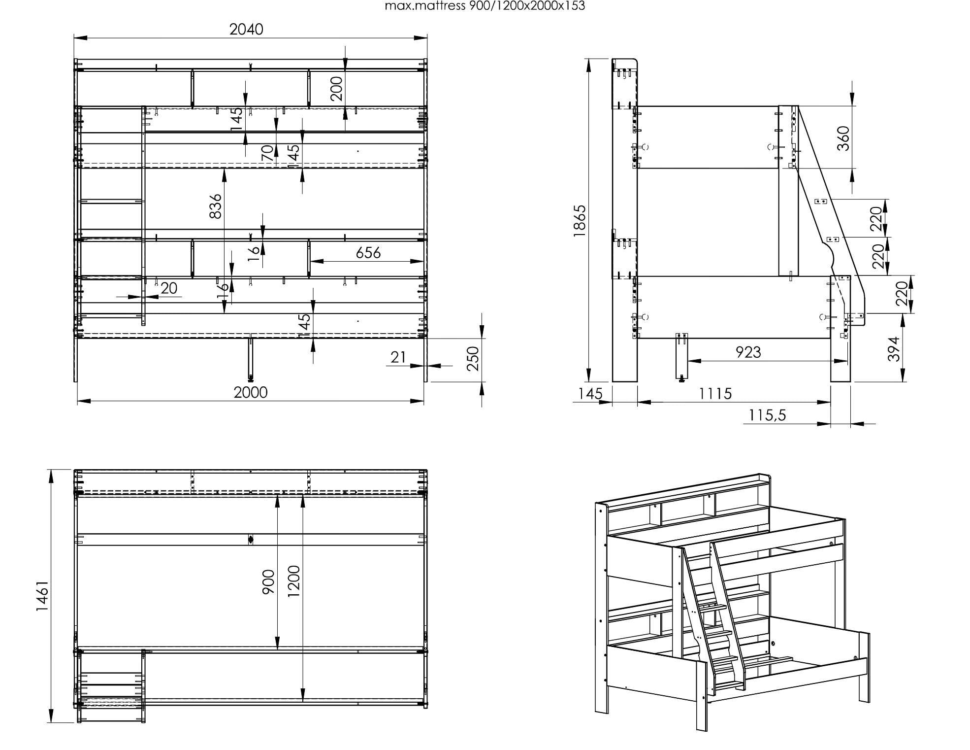 Lüttenhütt Etagenbett »Jaime II, Stockbett, viel Stauraum, mit Regalen, Massivholz mit MDF«, (Oberes Bett 90x200cm, unteres Bett 120x200cm), breite Liegefläche unten, FSC®, Made EU, 3. Schlafgelegenheit optional