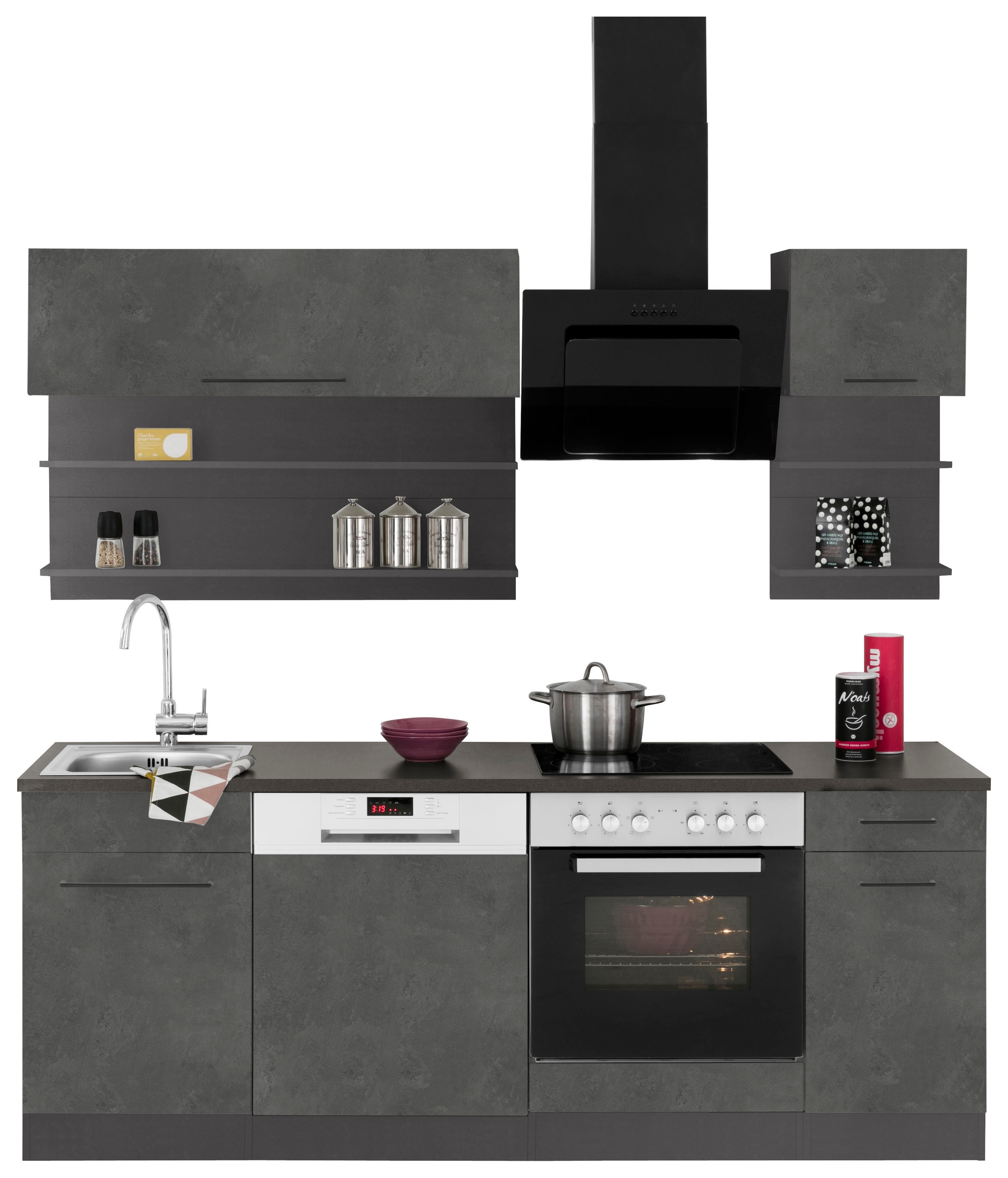 KOCHSTATION Küchenzeile »KS-Tulsa«, mit E-Geräten, Breite 210 cm, schwarze Metallgriffe, MDF Fronten