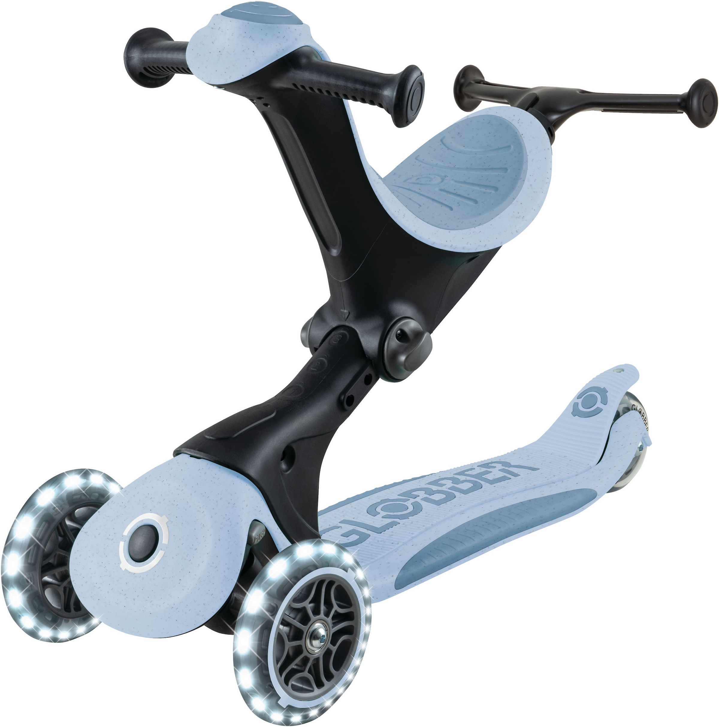 Globber Tretroller »GO-UP DELUXE LIGHTS ECO 360, mit Leuchtrollen« Aufsitzrad mit Schubstange, Laufrad und Scooter