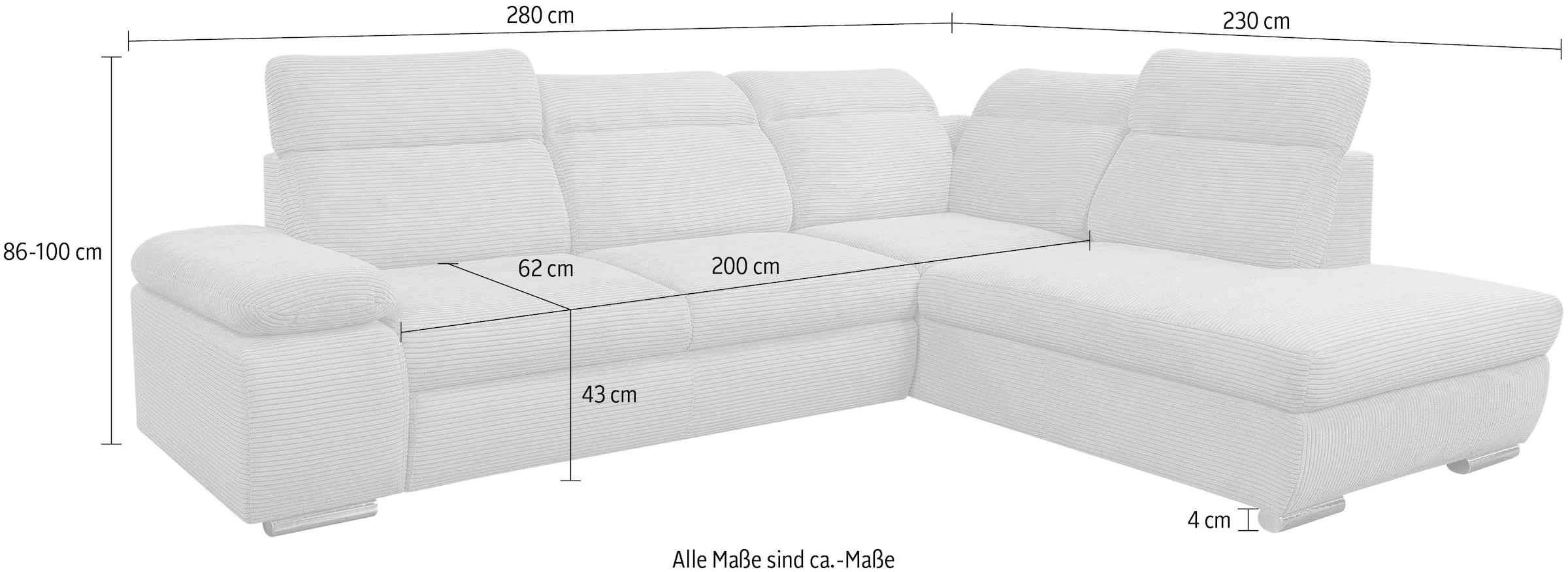WERK2 Ecksofa »Alicante Kopfteilverstellung, Bett & Bettkasten, Cord, L-Form, bequem« Cord, L-Form, XXL, Schlaffunktion, Bettkasten