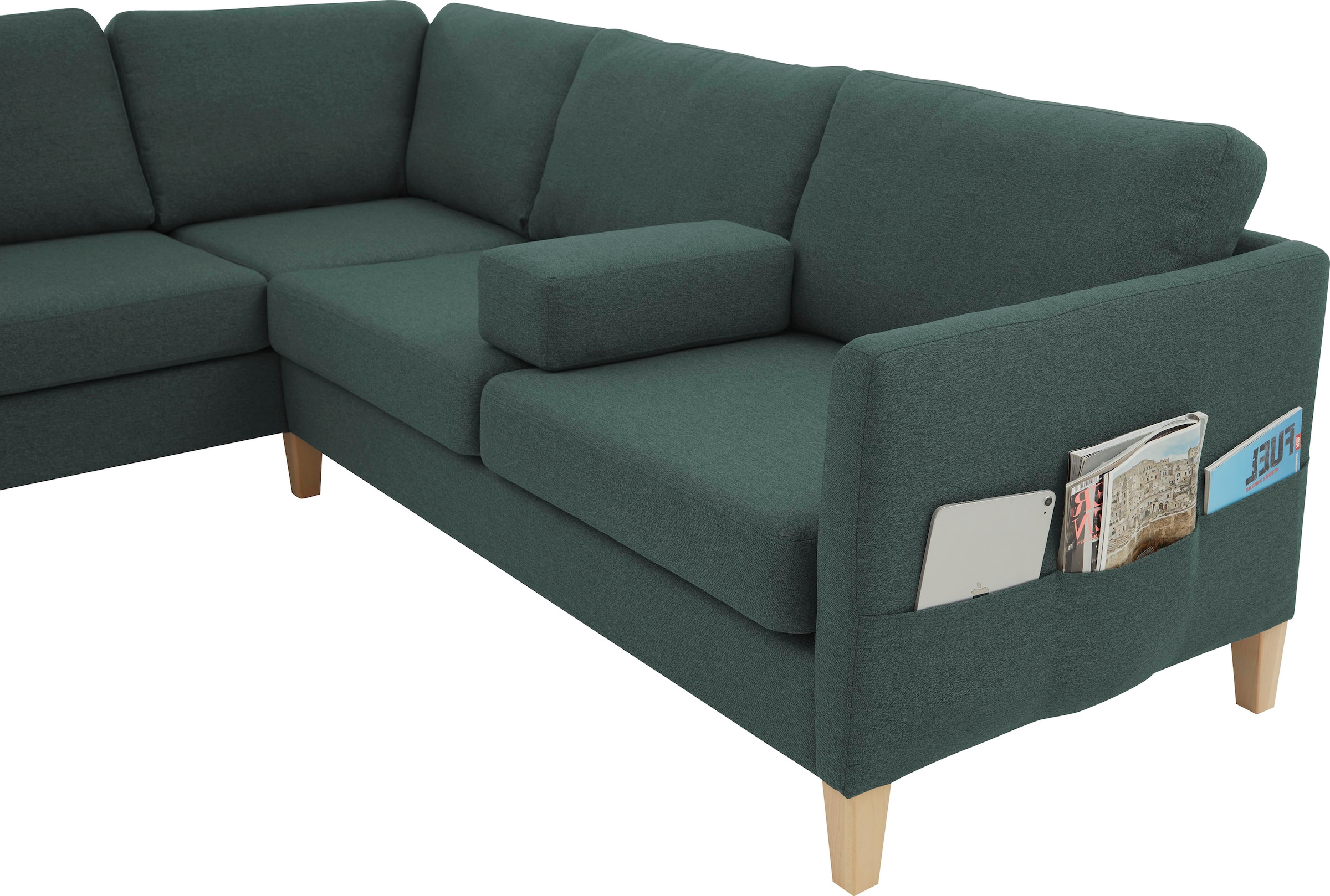 ATLANTIC home collection Ecksofa »Mailo L-Form« mit Seitentaschen und Ottomane, mit Massivholzfüßen