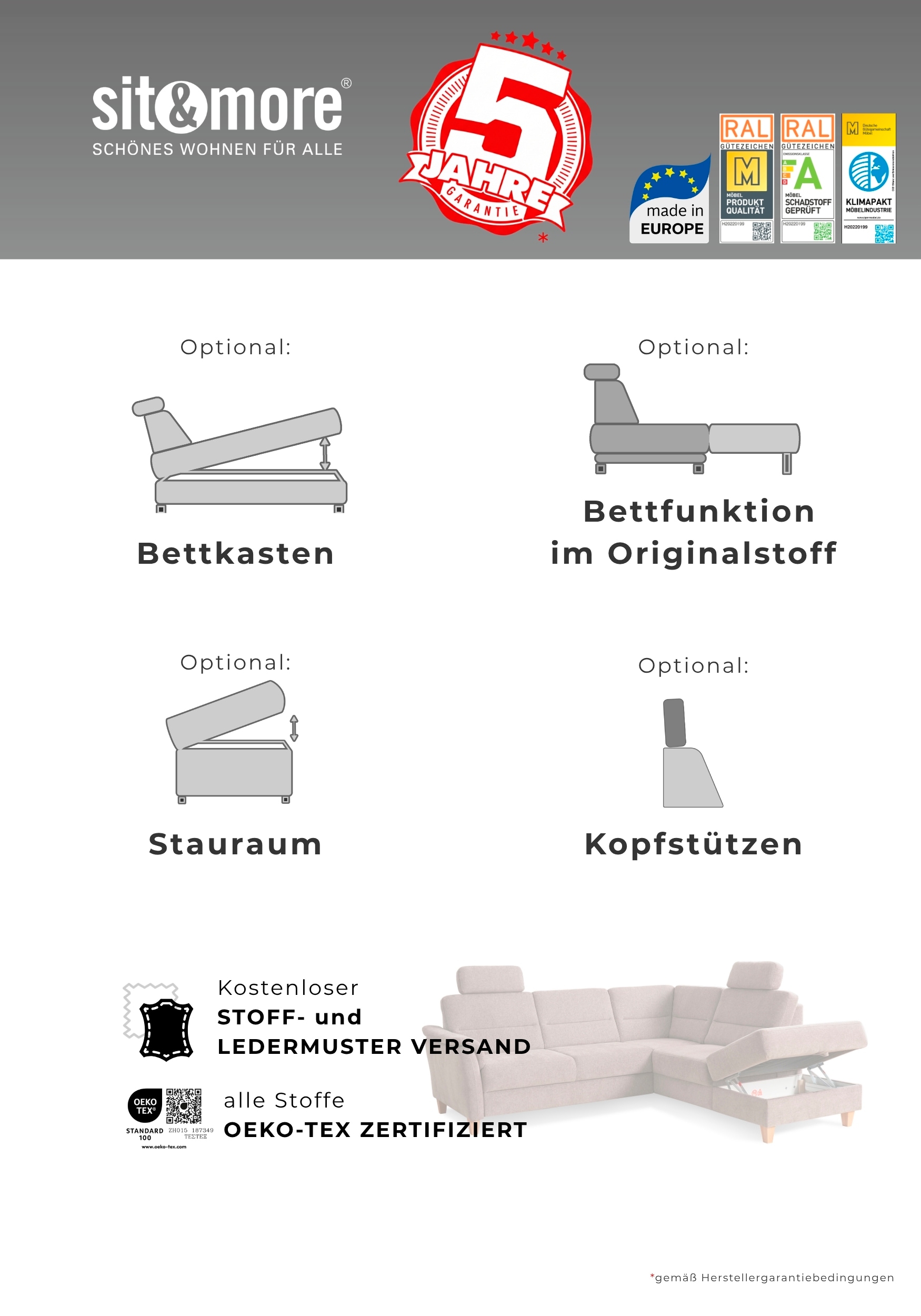 Home affaire Wohnlandschaft »Palmera U-Form, B: 308 cm, große Stoff + Leder Auswahl« optional Schlaffunktion & Bettkasten, Federkern, XXL-Wohnlandschaft