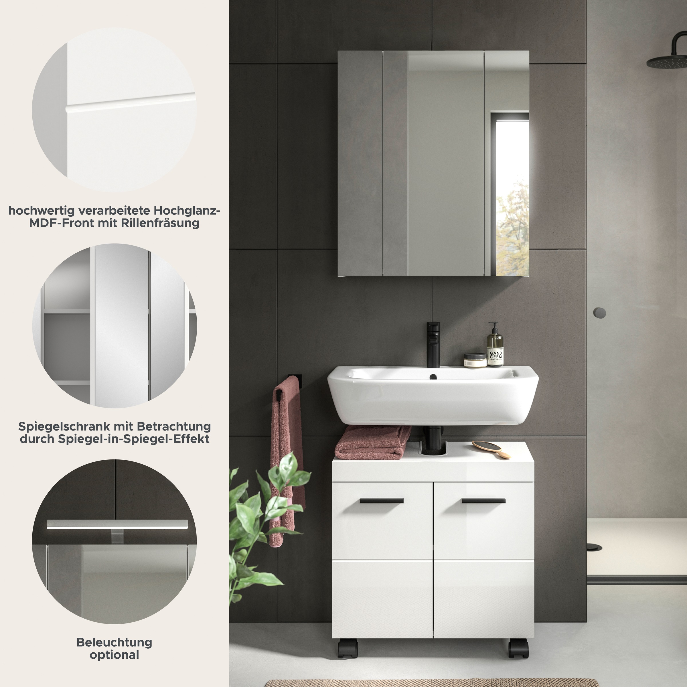 welltime Badmöbel-Set »AVON, Breite 60 cm, 2-teilige moderne Badkombination, auf Rollen« bestehend aus: Waschbeckenunterschrank & Spiegelschrank, 2 Stk. tlg.