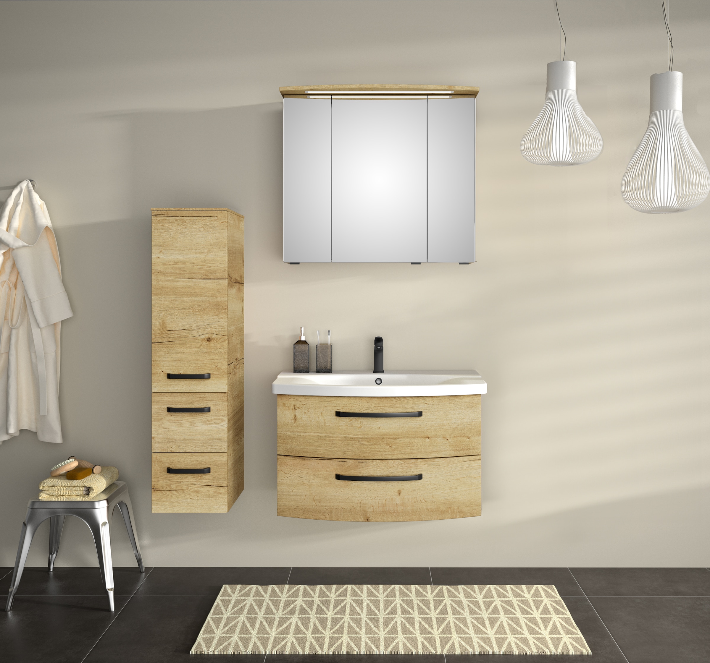 Saphir Badezimmerspiegelschrank »Serie 4010 Badezimmer-Spiegelschrank inkl. LED-Beleuchtung im Kranz«, Badschrank 82 cm breit, 3 Türen, 6 Glas-Einlegeböden, inkl Türdämpfer