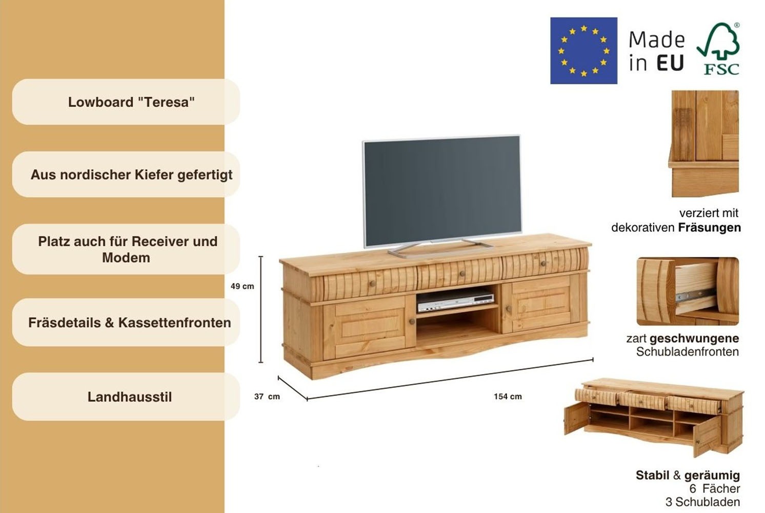 Home affaire Lowboard »Teresa«, Kommode aus massiver Kiefer, Breite 154 cm