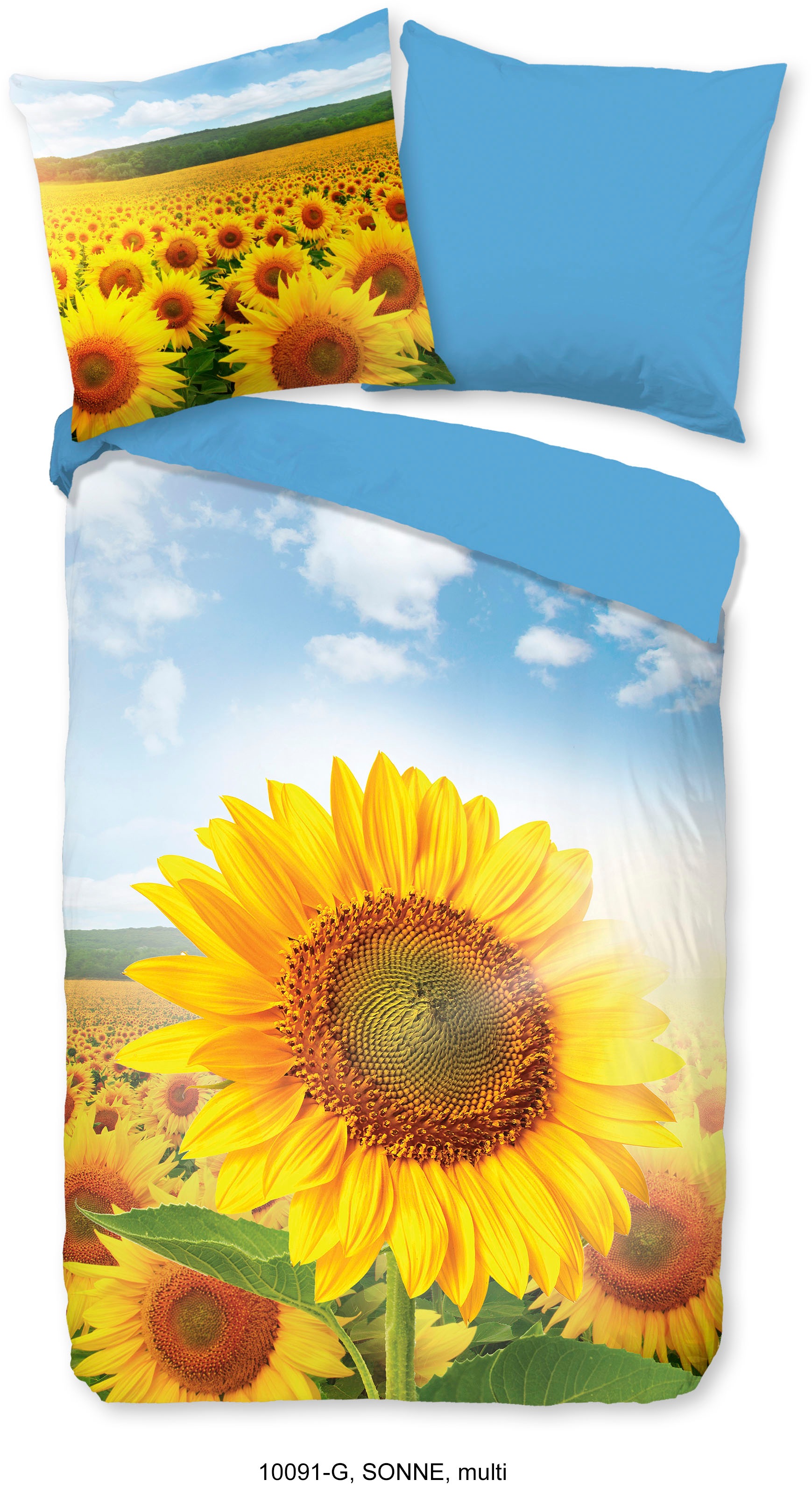 good morning Wendebettwäsche »Sonne«, Baumwolle, 2 Teilig, Reißverschluss, Wende, Sonnenblume, Gelb, Blau