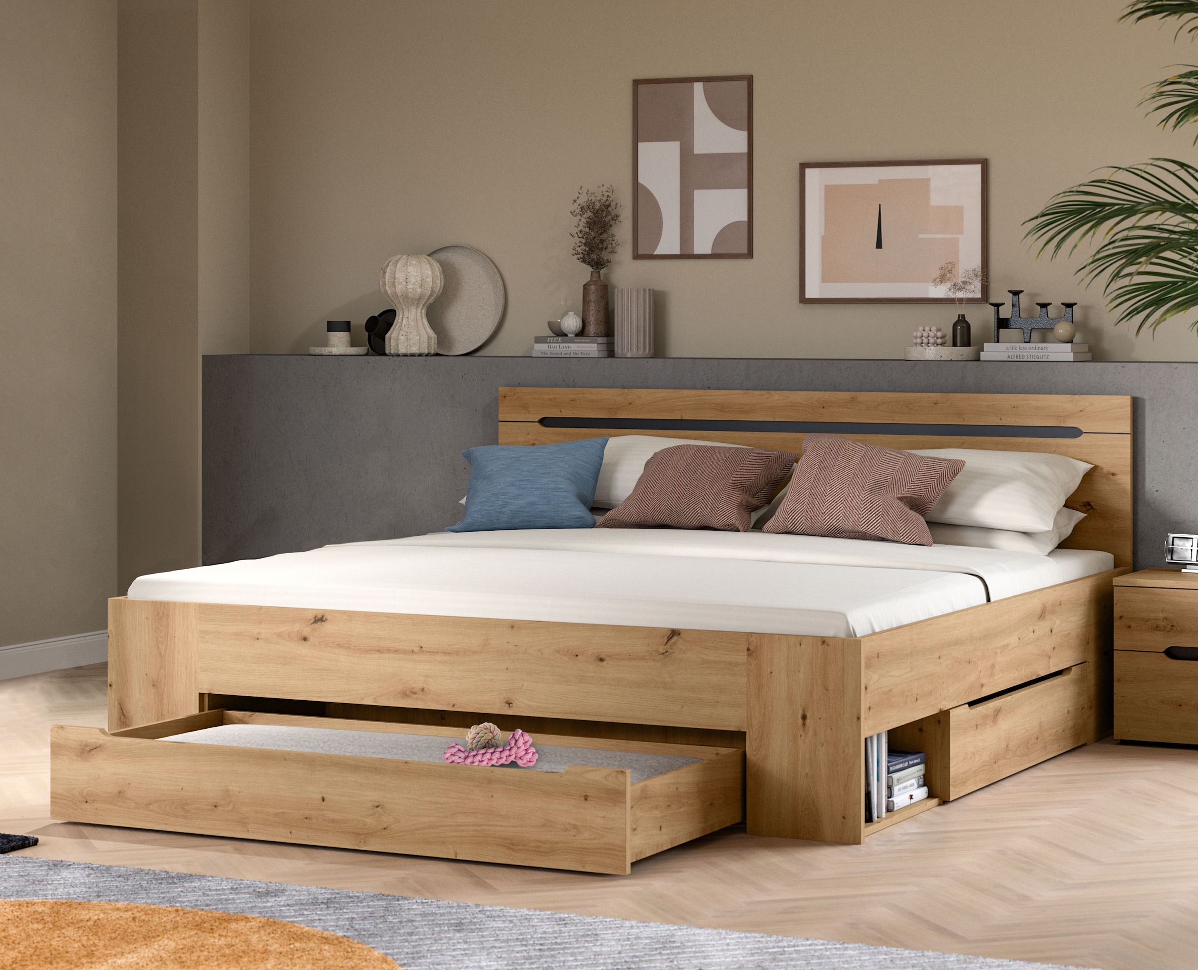 Home affaire Stauraumbett »REHAT, in 144 oder 184 cm Breite, 3 Schubkästen, 2 offene Fächer« TOPSELLER!, für Matratzen 140x200 cm, viel Stauraum, ohne Lattenrost, 1 tlg. Bett, Kastenbett, Bettgestell, Schlafzimmer, Schlafen
