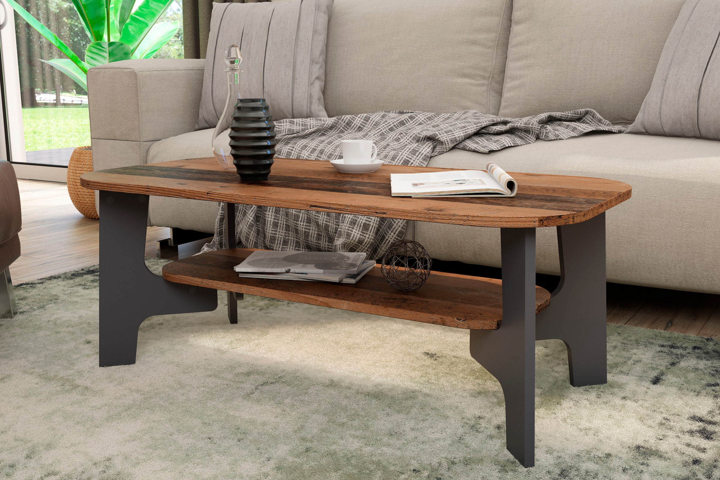 byLIVING Couchtisch »JONNY« Tischplatte Artisan Eiche o. Old Wood, Gestell anthrazit, Ablageboden