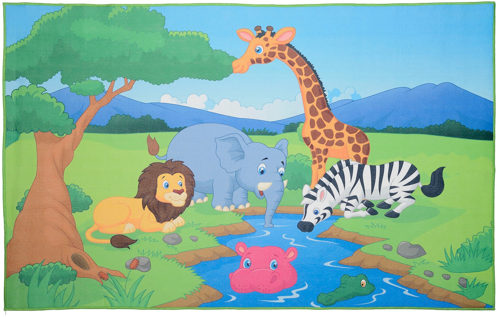 Böing Carpet Kinderteppich »Wasserstelle«, rechteckig, 4 mm Höhe, bedruckt, Motiv Zootiere, waschbar, Kinderzimmer