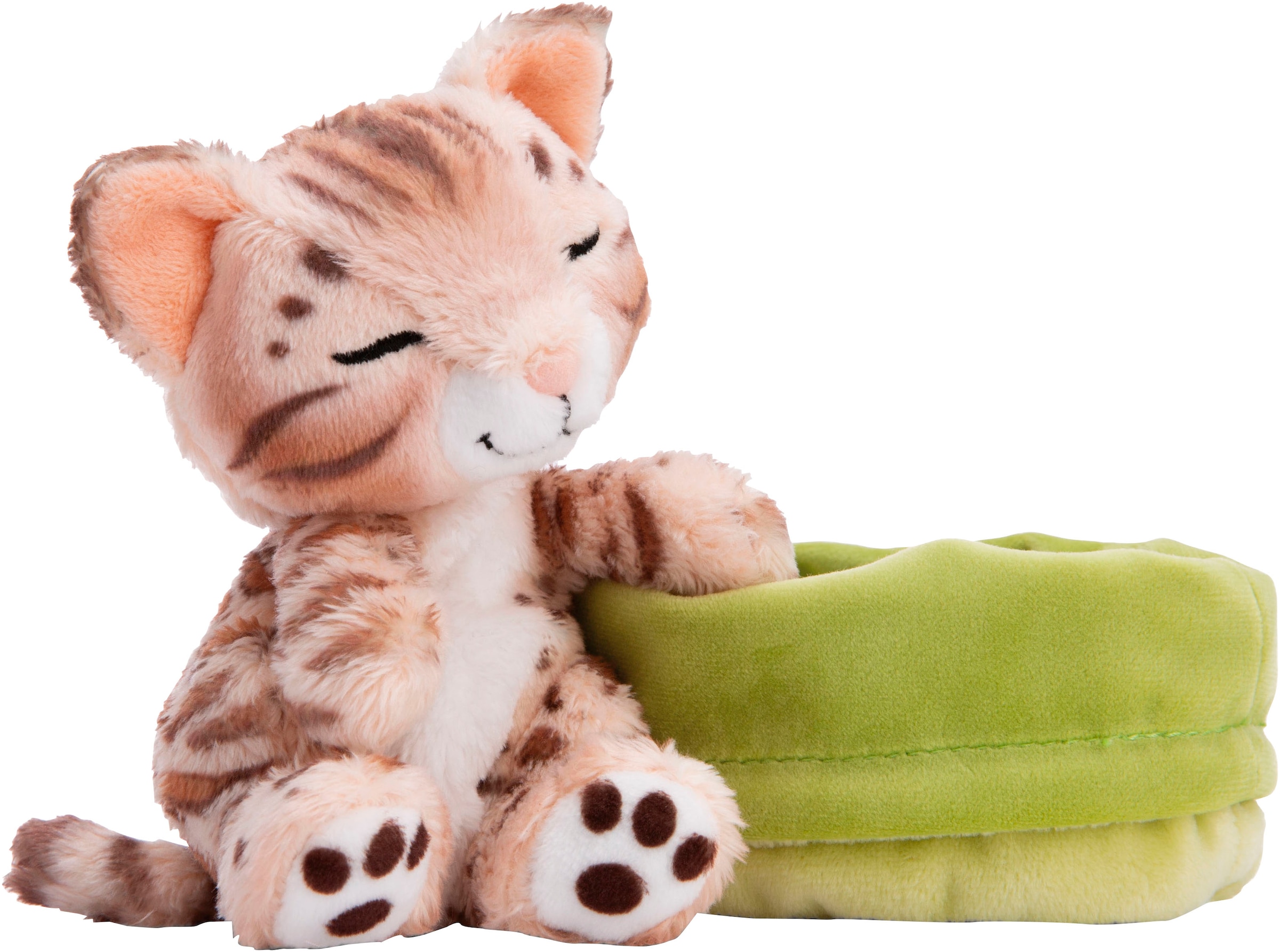 Nici Kuscheltier »Sleeping Pets, Katze Bengal, 12 cm«, im Körbchen, enthält recyceltes Material (Global Recycled Standard)