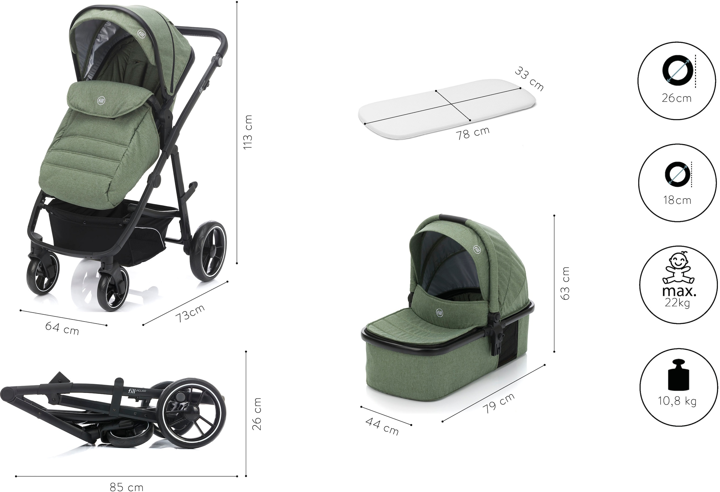 Fillikid Kombi-Kinderwagen »Jaguar, grün melange«, 22 kg