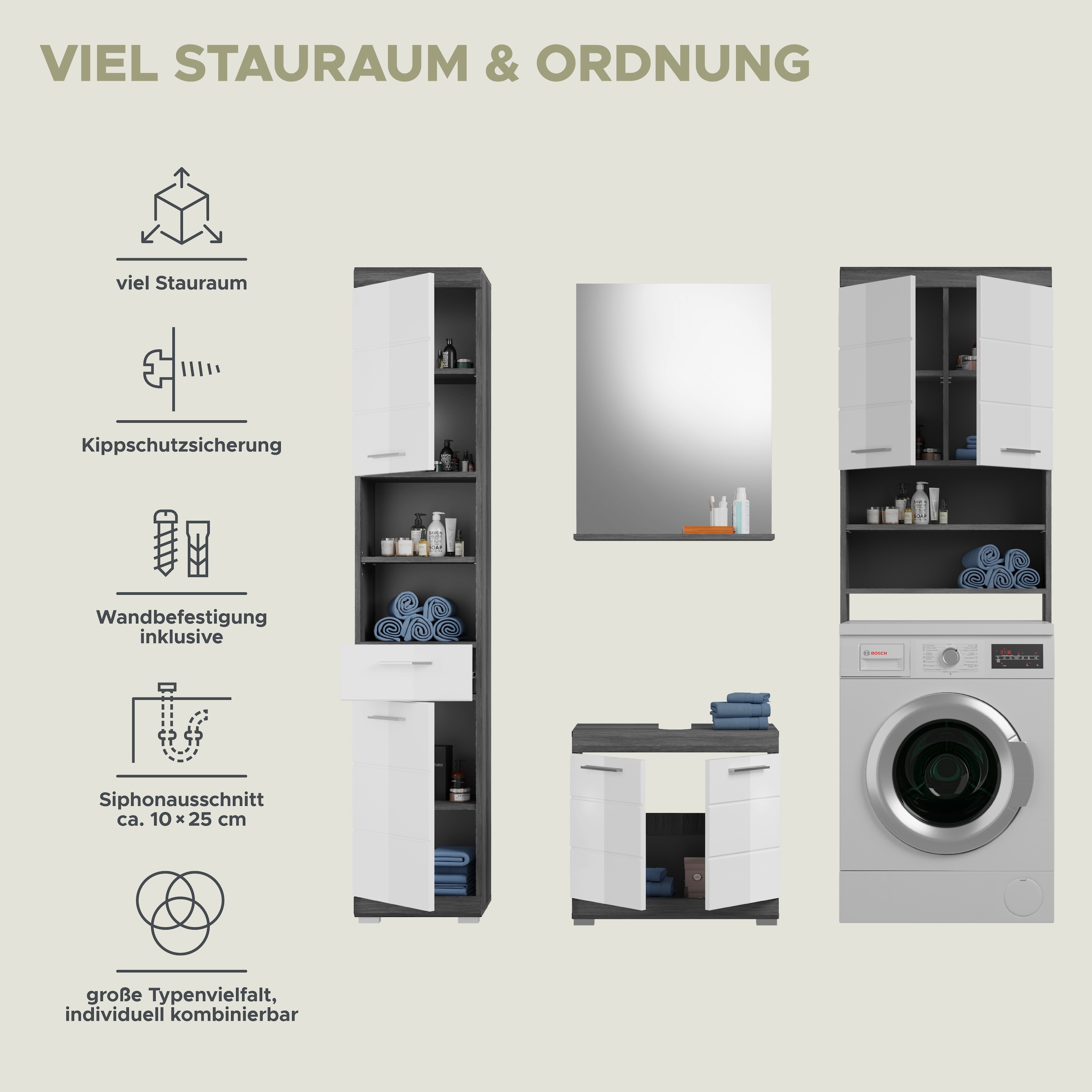 INOSIGN Badmöbel-Set »Siena, 4 teilig, bestehend aus:«, (Set, 4 St.), Hochschrank, WBU, Badspiegel, Waschmaschinenumbauschrank