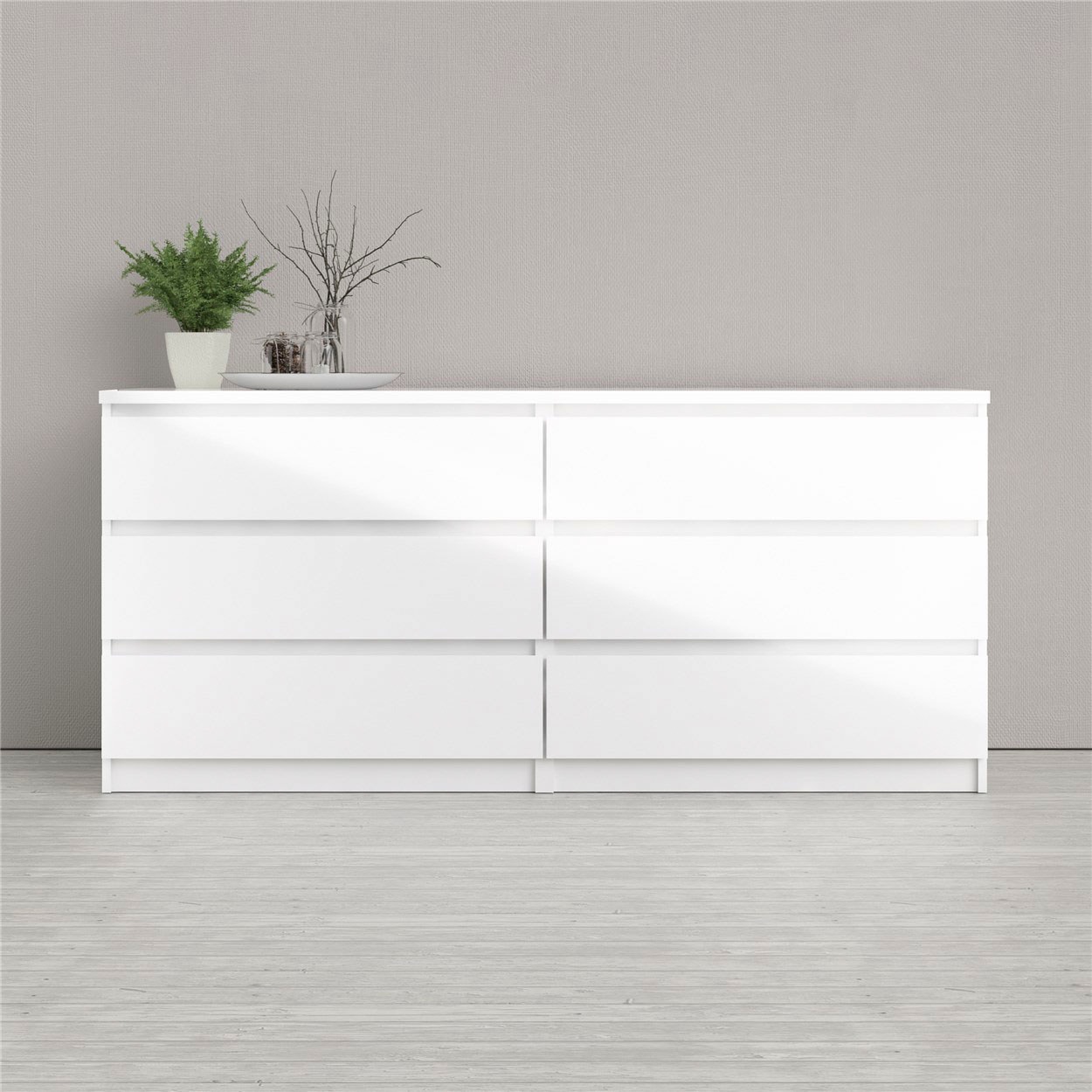 Kommode „Naia“, Elegante und moderne Kommode mit 6 geräumige Schubladen, Weiß Hochglanz B/H/T: 153,8 cm x 70,1 cm x 50 cm