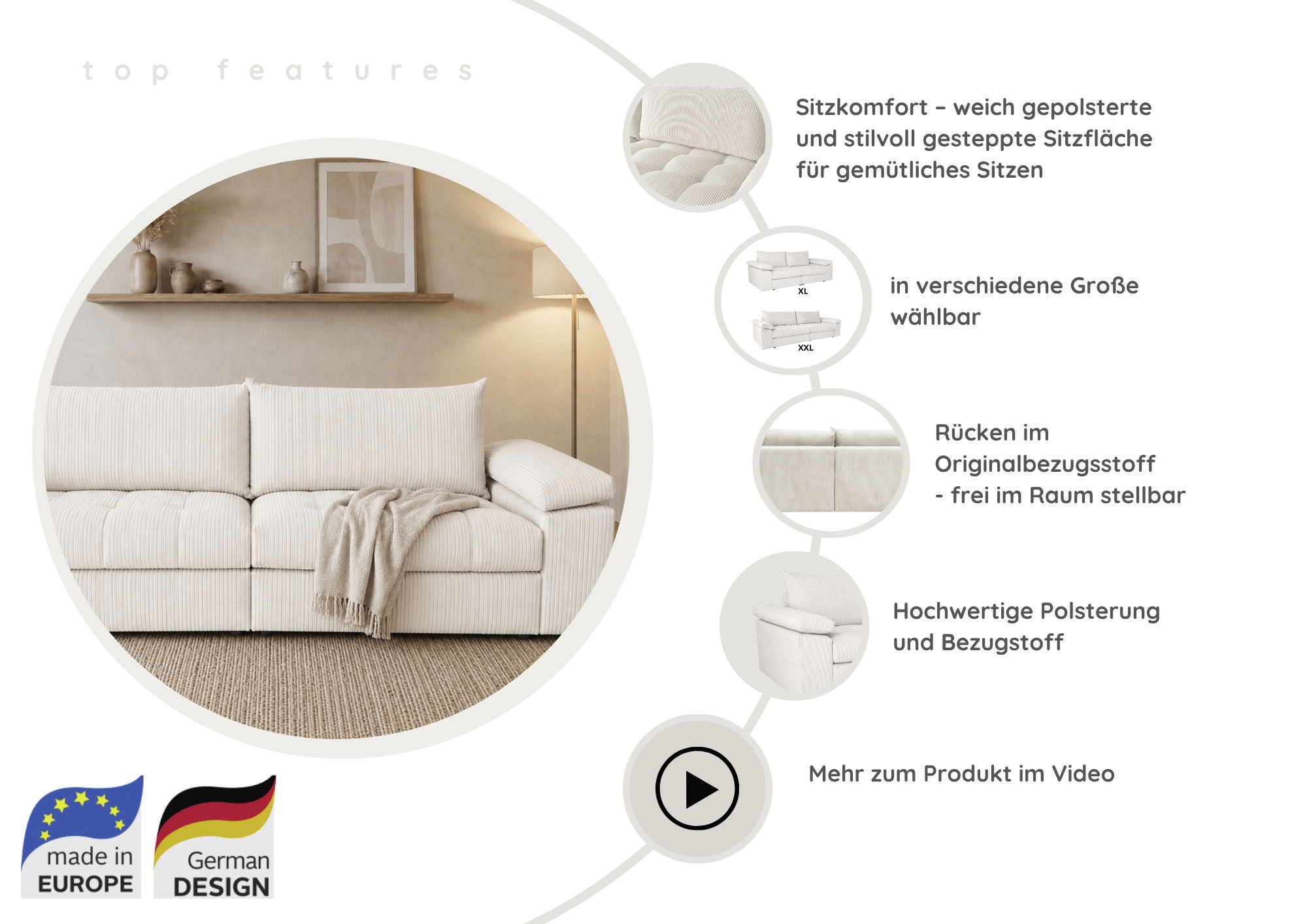 OTTO home Big-Sofa »Soft&Cosy Pik XL, B: 246 cm, Mega Sofa in Cord« Lounge-Komfort mit edler Sitzsteppung, Federkern