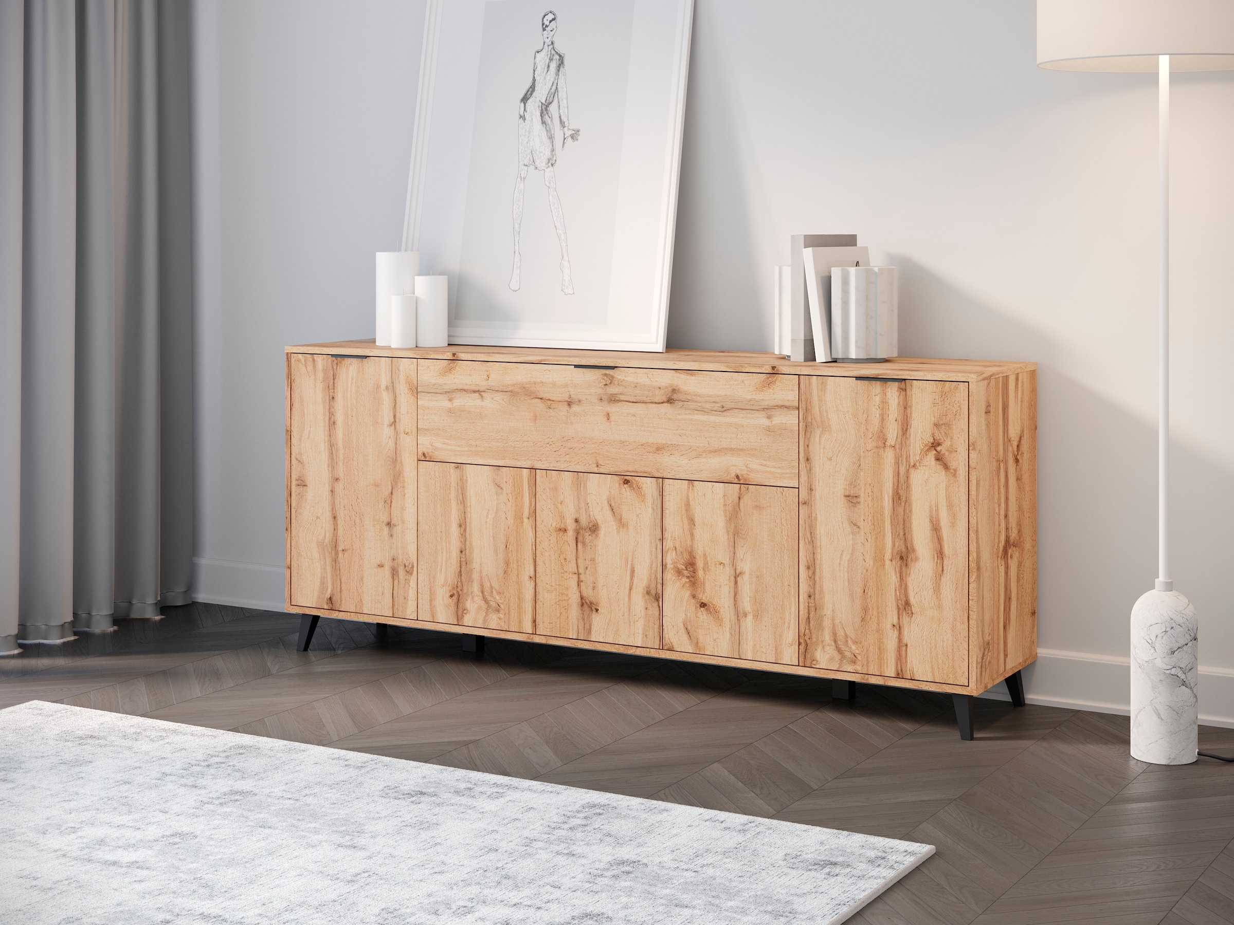 OTTO home Sideboard »Oslo, B/H/T: 180/76/39,5 cm« Push-to-open-Funktion, schwarze Metallgriffe, viel Stauraum
