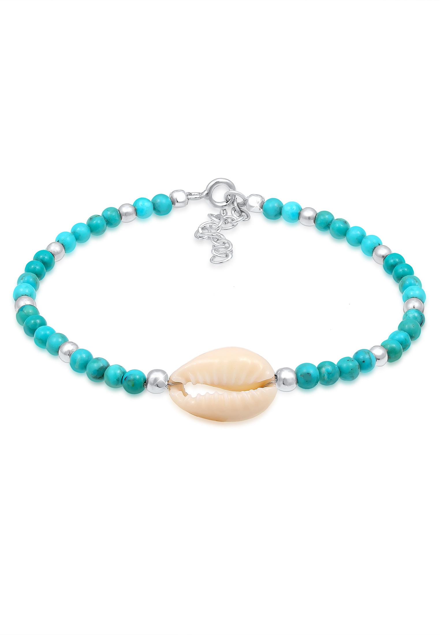 Armband „Türkis Perlen und Kauri Muschel Strand 925 Silber“ Türkis + türkis ohne Stein 16 cm – ohne Stein