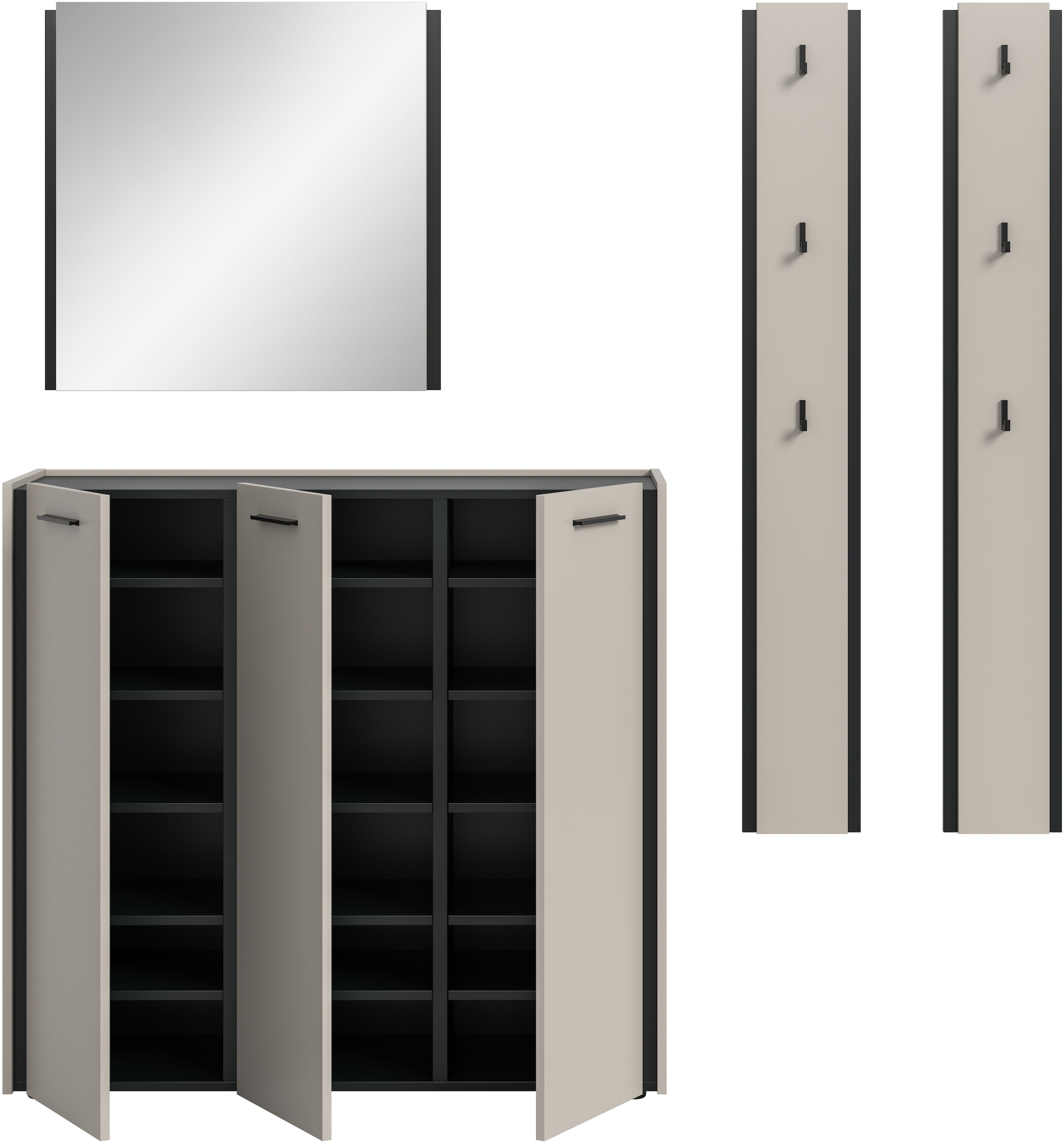 Home affaire Garderoben-Set »RAK, 4-teilige Garderoben-Kombination, Breite ca. 180 cm« Schuhkommode, Spiegel, 2x Hakenpaneel, 4 Stk. tlg.