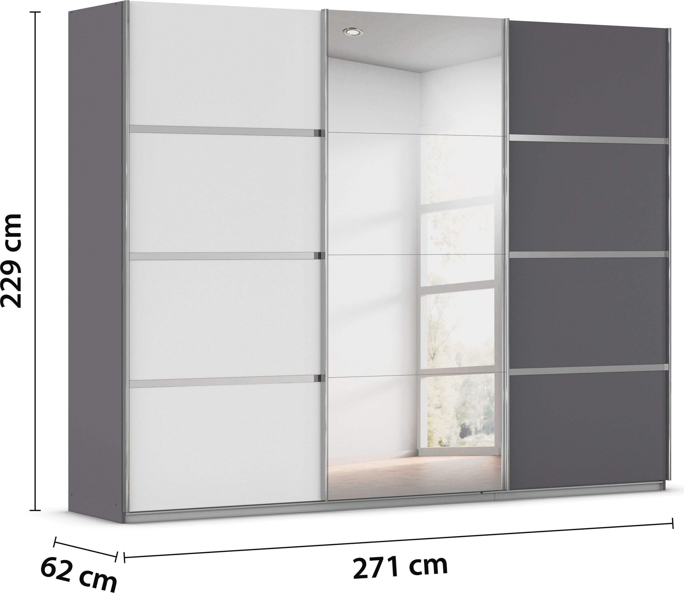 rauch Kleiderschrank »Schwebetürenschrank OTTO´s Choice Garderobe Schrank TOP ANGEBOT Avola«, (in 3 verschiedenen Ausstattungen BASIC/CLASSIC/PREMIUM inkl. Spiegel), mit eleganten Zierleisten in Chrom, Schwarz oder Weiß MADE IN GERMANY