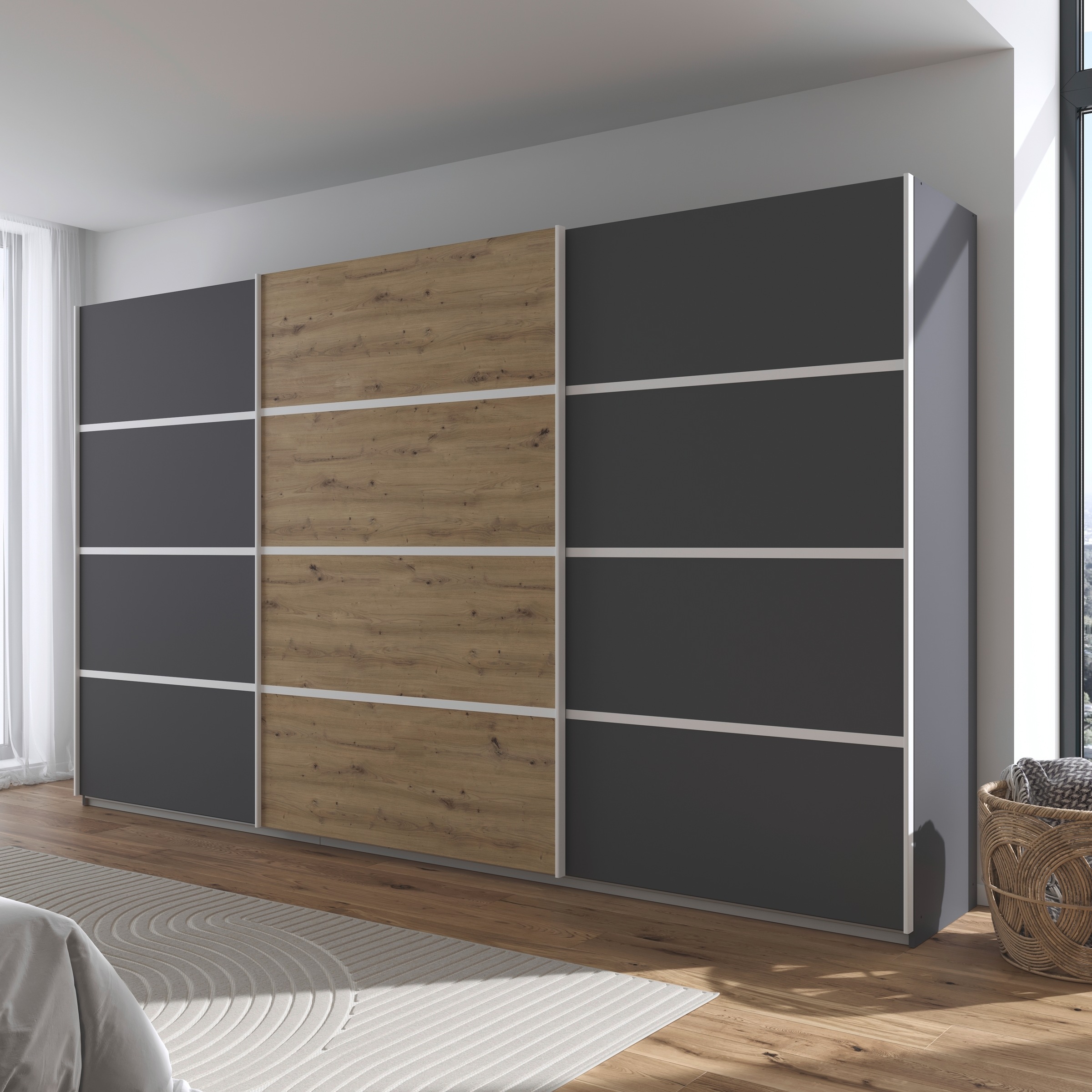 rauch Kleiderschrank »Schwebetürenschrank OTTO´s Choice Garderobe Schrank TOP ANGEBOT Avola«, (in 3 verschiedenen Ausstattungen BASIC/CLASSIC/PREMIUM), mit eleganten Zierleisten in Chrom, Schwarz oder Weiß MADE IN GERMANY